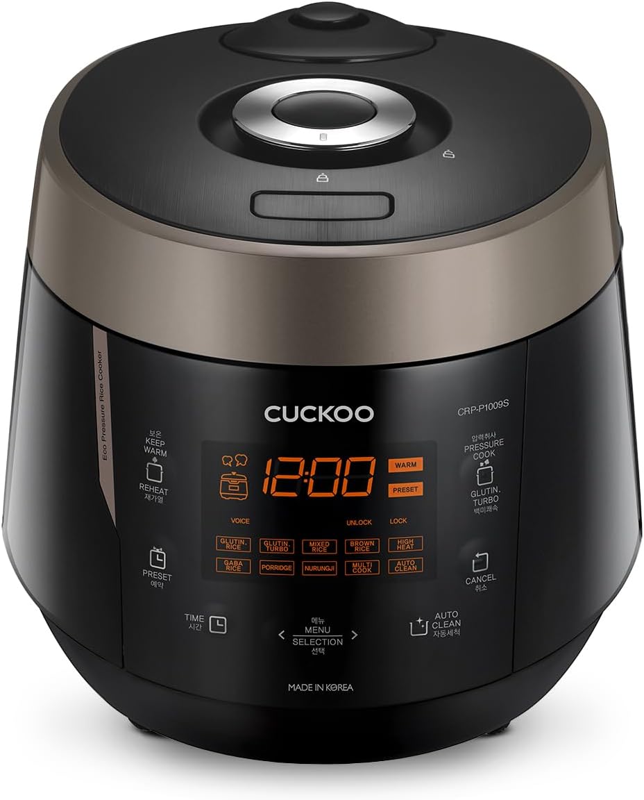 CUCKOO High Pressure Rice Cooker 10-Cup Uncooked / 20-Cup Cooked with Nonstick Inner Pot, Large Rice Maker with 13 Menu Options and Steam Plate, Fuzzy Logic Tech, Voice Guide, White (CRP-P1009SW)