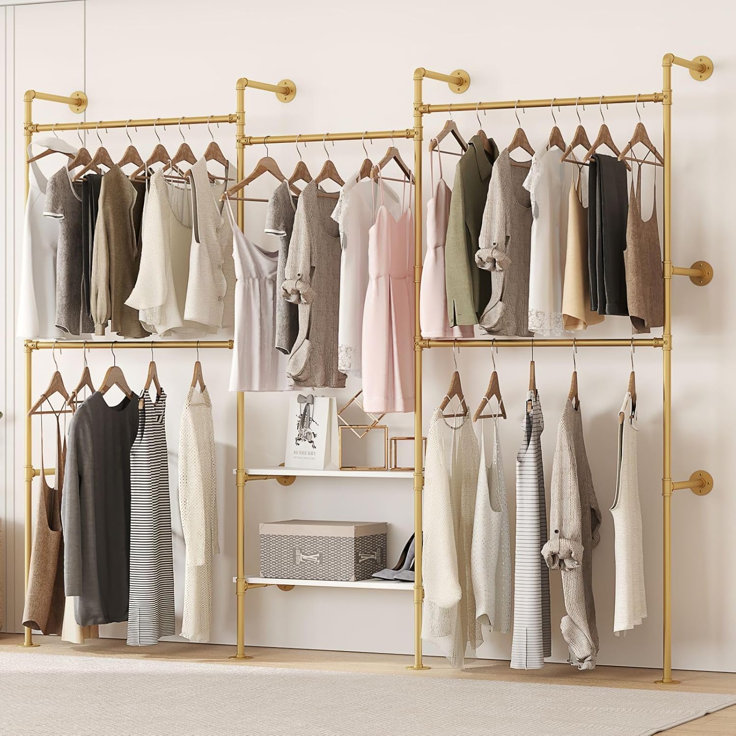 Industrial Pipe Clothes Rack,Wall Mounted Closet Wardrobe Rack, Corner L Shaped Walk-in Closet System, 2 Installation Methods (Gold, 80