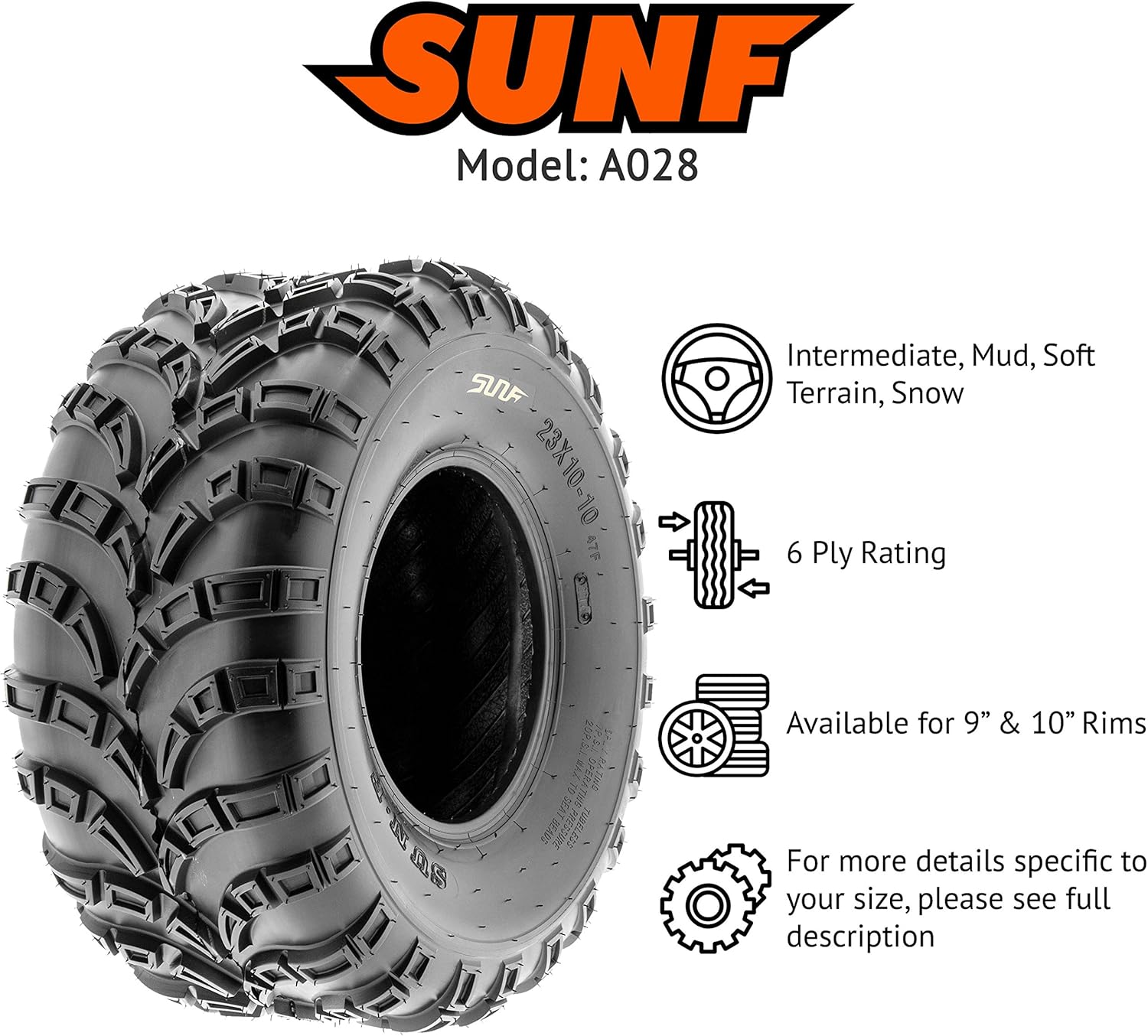 SunF A028 Off-Road & Turf ATV UTV Cart Tire 22x12-9, 6-PR, Tubeless