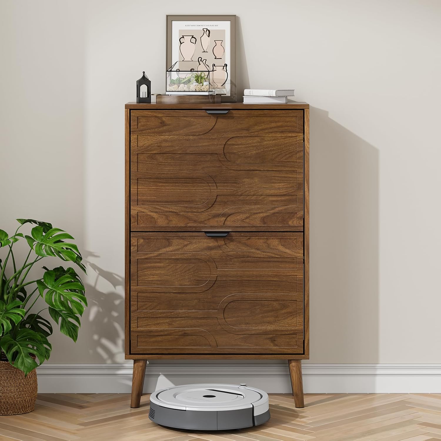 Shoe Cabinet Storage for Entryway with 2 Flip Drawers, Narrow Shoe Cabinet for Entryway, Hidden Slim Shoe Organizer Rack Cabinet (Brown, 23.6