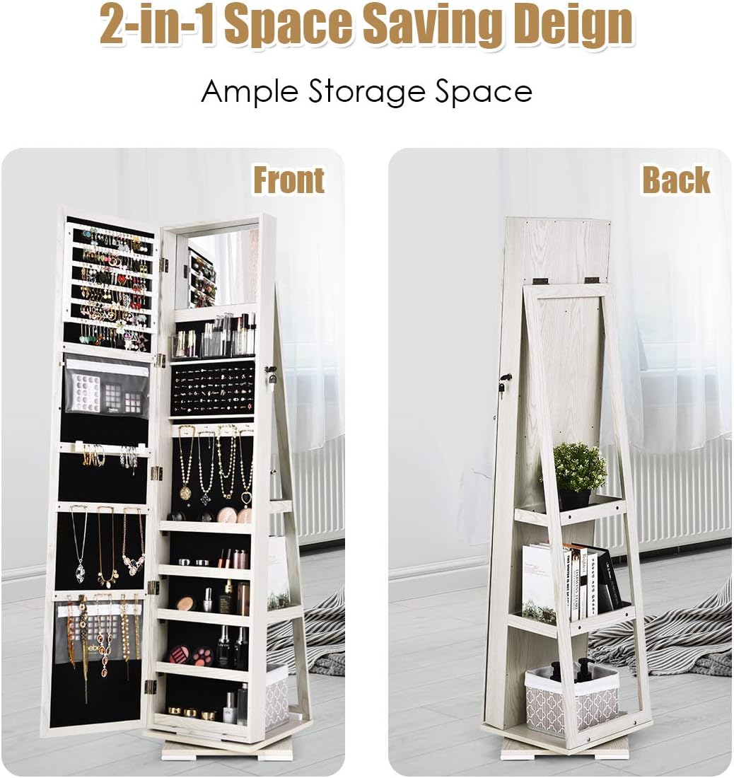 Jewelry Organizer Jewelry Cabinet 360 Rotating, Lockable Standing Wall Jewelry Armoire w/Full Length Mirror, Standing Jewelry Armoire Cabinet w/Large Storage Capacity (White)