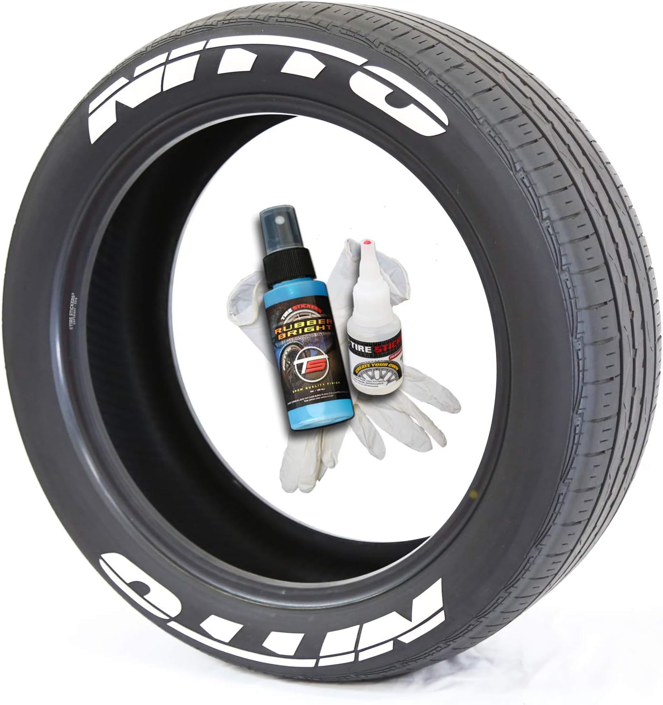 Tire Stickers Nitto Tire Lettering - DIY Permanent Glue On Rubber Decals for Tires with Glue & 2oz Bottle Touch-Up Cleaner / 19-21 Inch Wheels / 1.25 Inches/White / 4 Pack