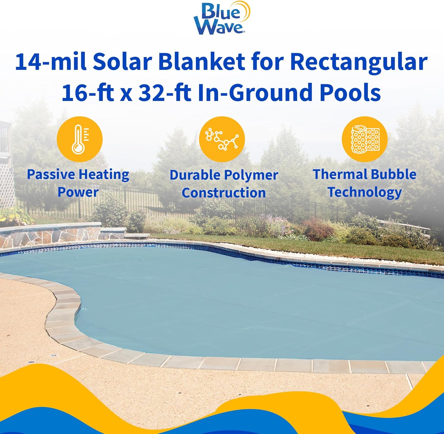 Blue Wave 16 Feet x 32 Feet Rectangular Solar Blanket – 14 Mil Pool Cover with Thermal Bubbles to Retain Heat & Reduce Evaporation – Fade-Resistant Solar Cover for Inground Pools – Clear