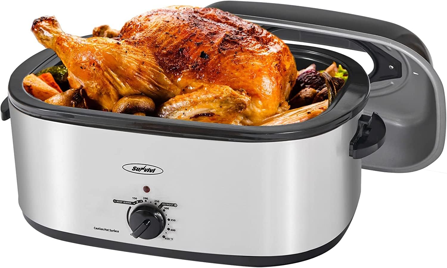 Roaster Oven, Electric Roaster Oven with Viewing Lid, Large Roaster with Removable Pan & Rack, Turkey Roaster with Unique Defrost/Warm Function, Stainless Steel, Sliver, 22QT