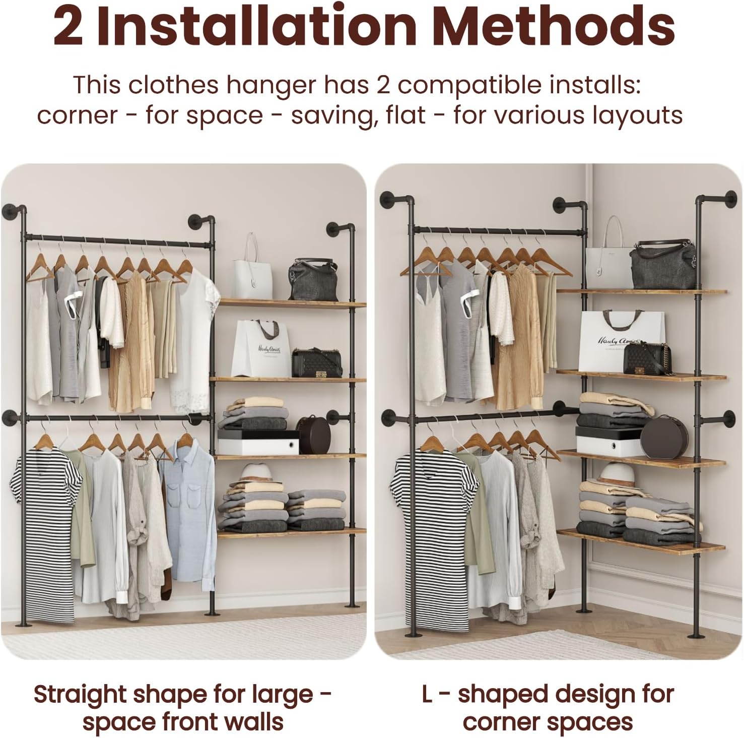 Industrial Pipe Clothing Rack, Wall Mounted Clothes Rack for Hanging Clothes (Black, 80