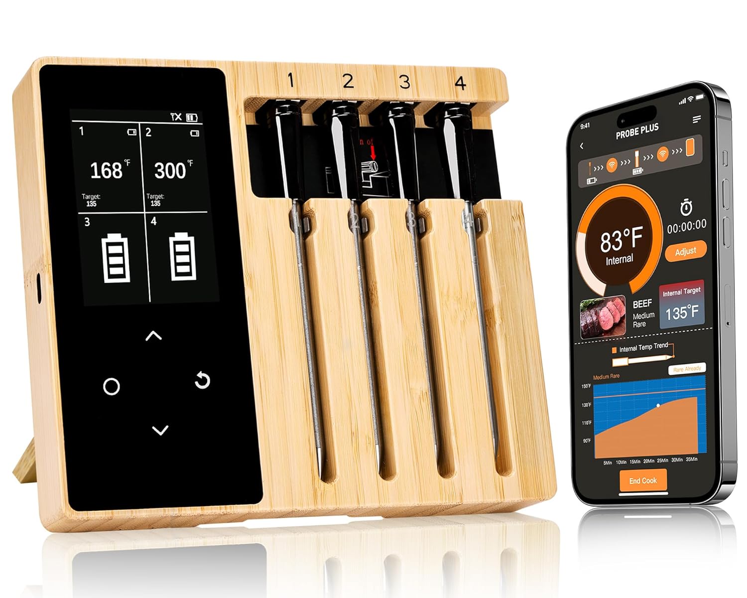 Smart Wireless Meat Thermometer | 4 Probes | Upgraded large LCD Display | Accurate & Stable | long-range Bluetooth App or Host Control for iOS & Android |BBQ,Oven,Grill,Smoker,Air Fryer,Sous Vide