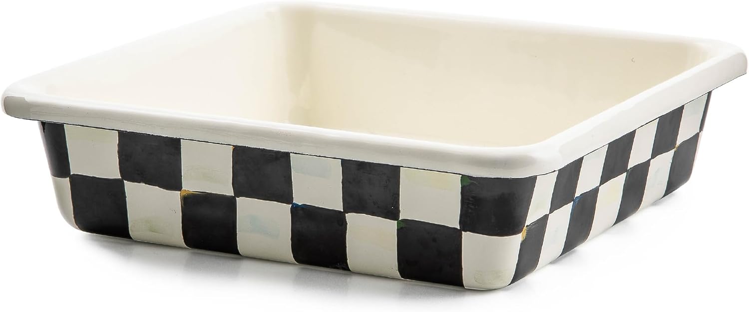 MACKENZIE-CHILDS 8-Inch Enamel Baking Pan, Metal Oven Pan for Baking, Black-and-White Courtly Check