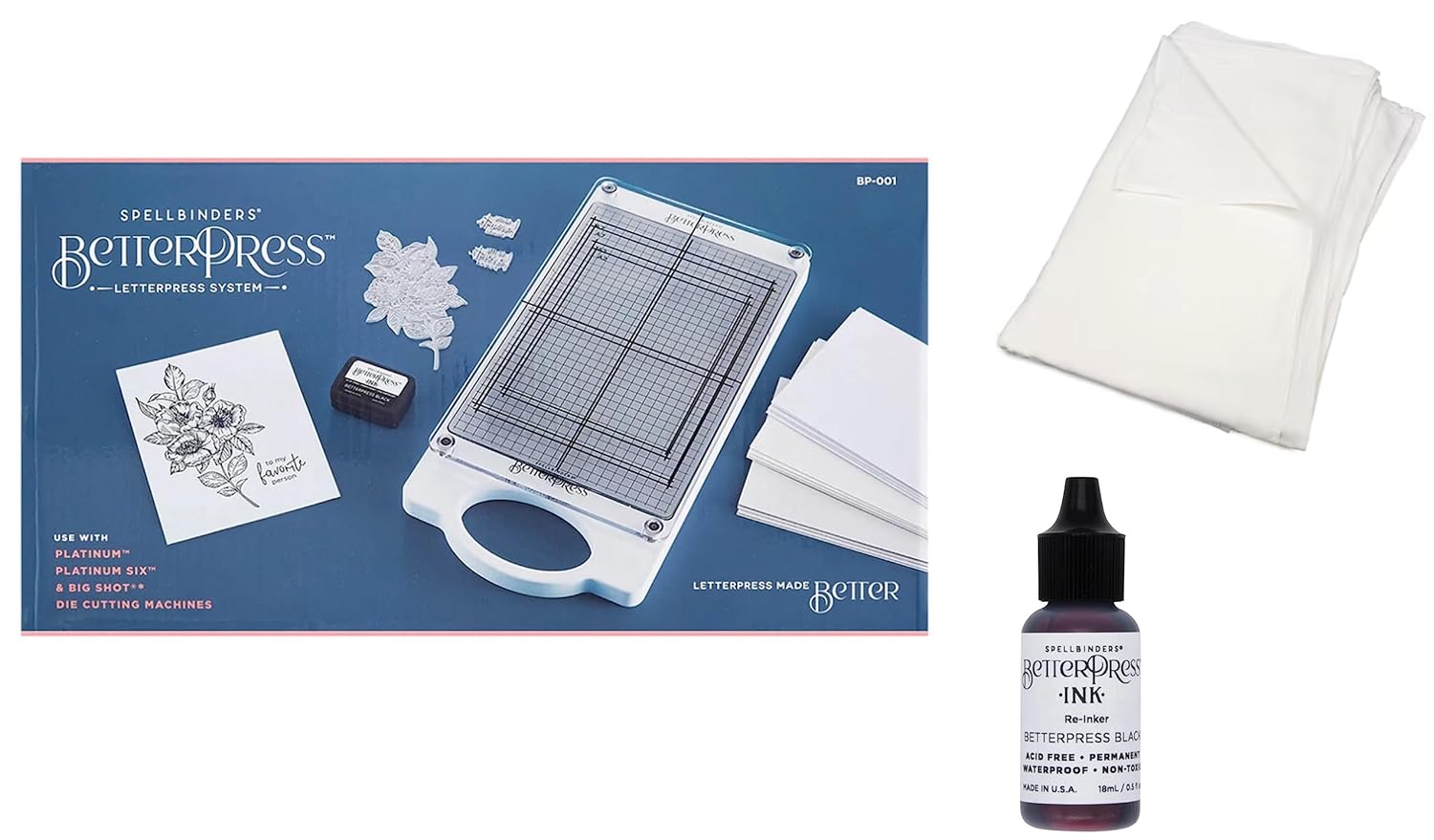 Spellbinders BetterPress Letterpress System Including System, Exclusive Press Plates, Black Mini Ink Pad, 15 Cotton Card Panels, Black Reinker and Flour Sack Cleaning Towel