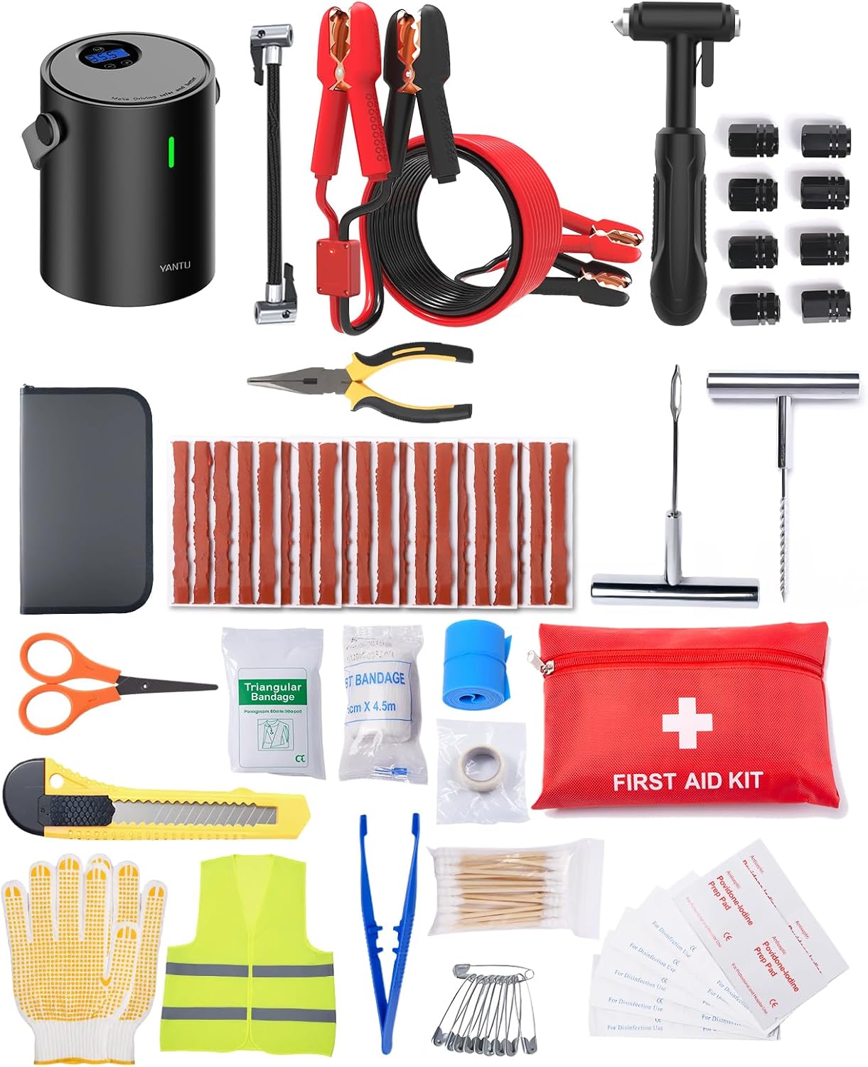 Emergency Kit - Tire Inflator Portable Air Compressor & Jumper Cables for Car - Winter Auto Assistance Kit with Tow Straps, Car Safety Hammer, Tire Repair Kit, & First Aid Kit