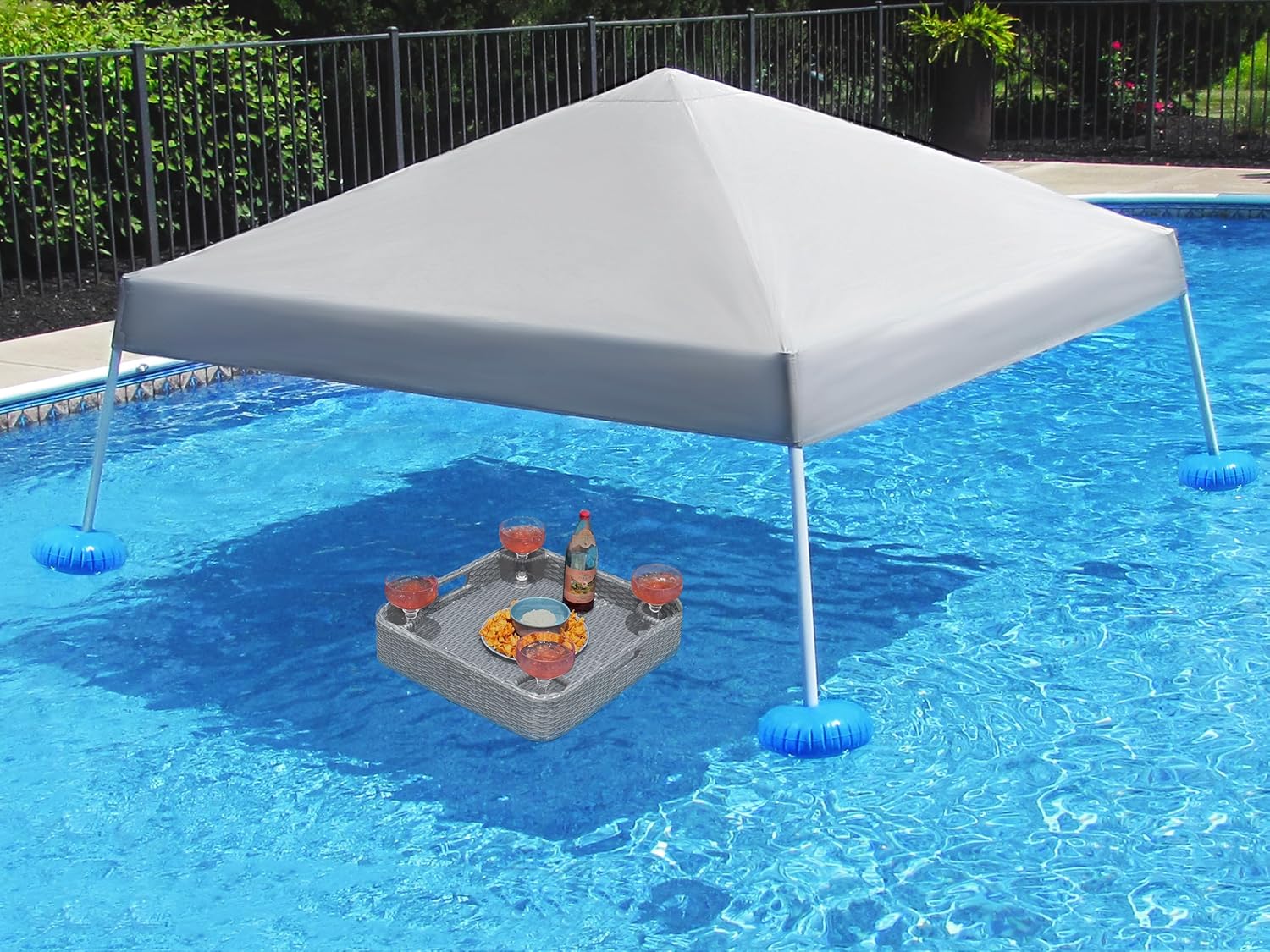 Sunjoy Floating Pool Canopy with Add-on 24x24 in. Wicker Floating Tray, Grey