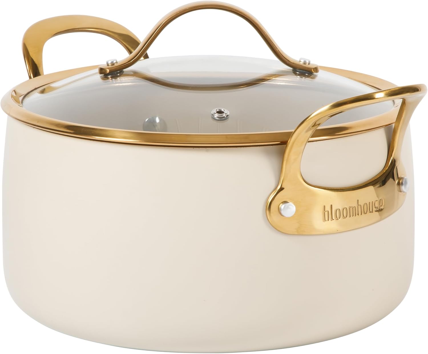 bloomhouse 6 Quart Heavy Duty Aluminum Premium PFA Free Ceramic Nonstick Dutch Oven Pot with Lid - Almond Cream w/Gold Handle