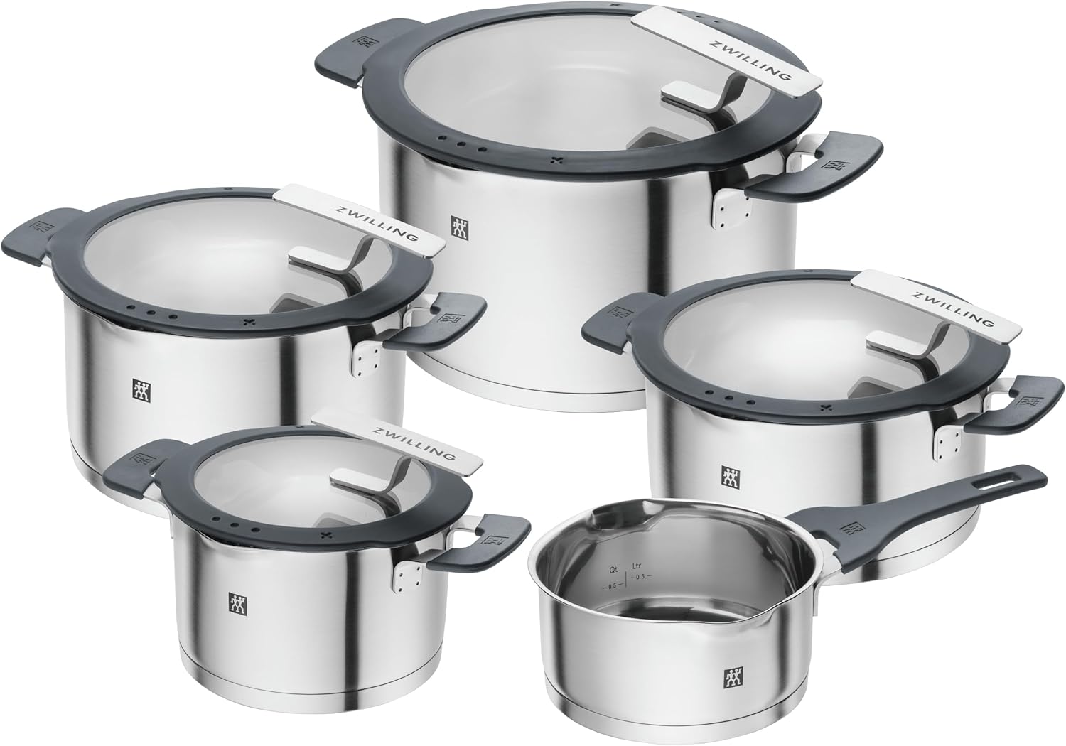 ZWILLING Simplify 9-pc Cookware Set, Premium Stainless Steel Pots and Pans Set for Kitchen, Induction Cooktops & BBQ Sides, Oven Safe, Dishwasher Safe, Grey Handles