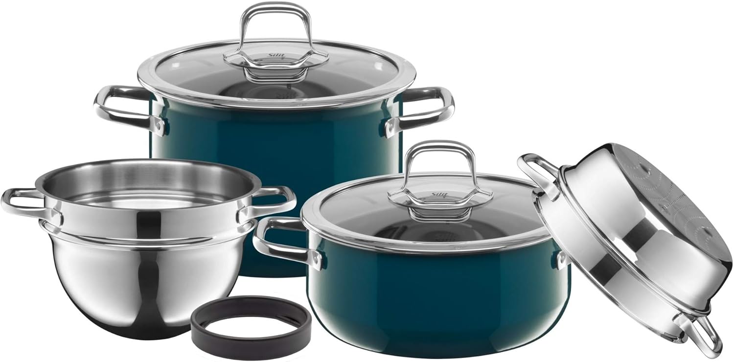 Silit Compact 4-Piece Induction Saucepan Set with Glass Lid, Silargan Functional Ceramic, Induction Pots Set, Nickel-Free, Petrol Blue