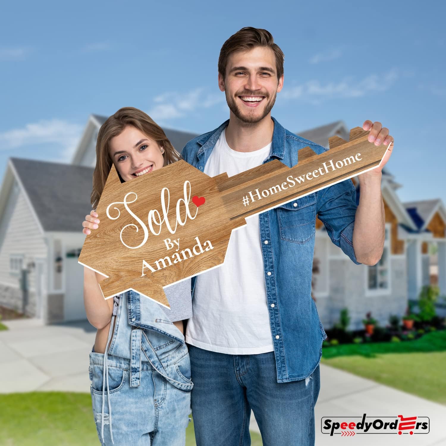 Giant Key Sold Sign For Realtors - Customized Real Estate Sold Key - Personalized Sold Sign For Marketing - Gold Realtor Sold Key Sign - Real Estate Closing Prop House Key - Bright Wood Size S