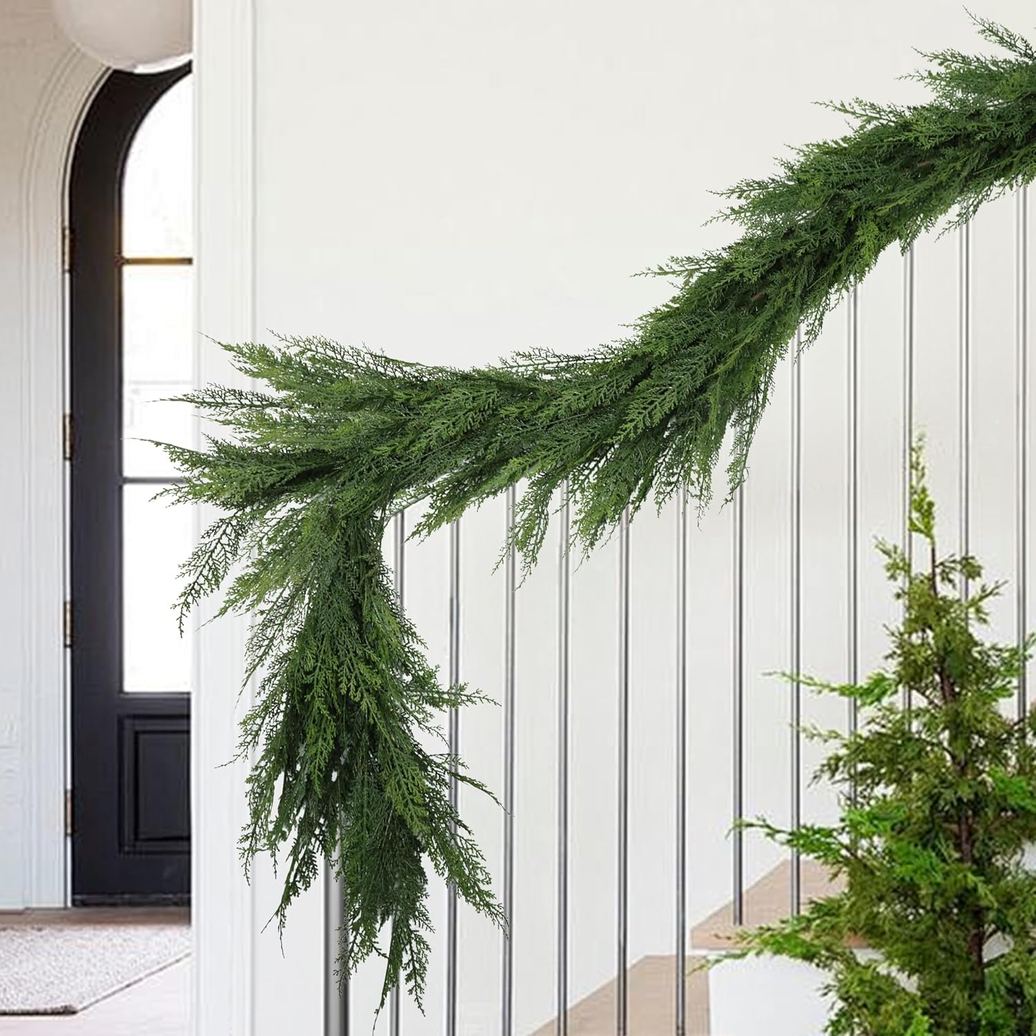 16ft Faux Cedar Realistic Christmas Garland - Artificial Soft and Thickness Green Faux Cedar Pine Garland for Home Fireplace Holiday Party Indoor Outdoor Decoration