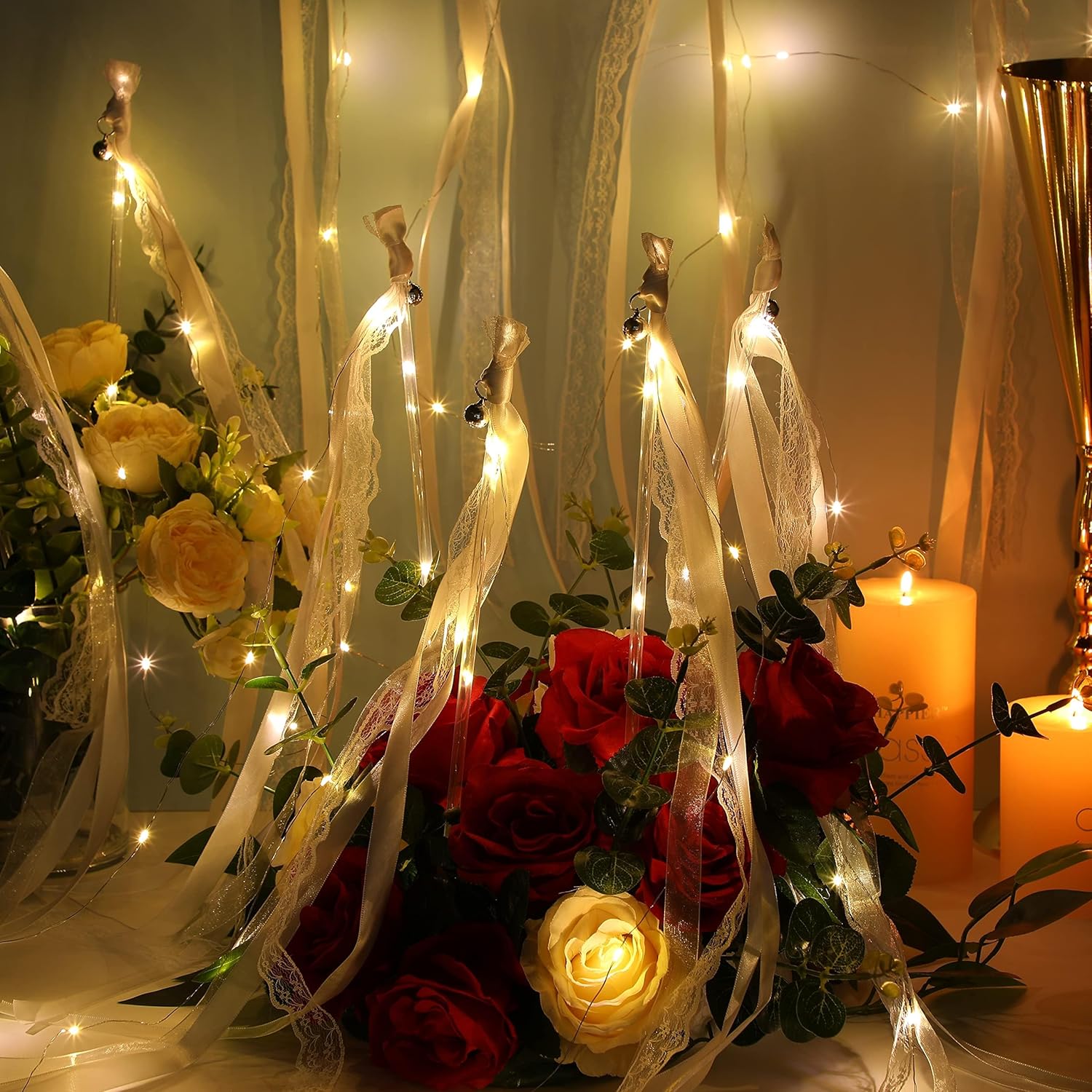 Unittype Wedding Wands Ribbon Streamers with Bells LED Fairy Light up Silk Fairy Wand Glow in the Dark Flashing Lace Stick for Wedding Birthday Party Favors (Ivory & Warm White LED,100 Pieces)