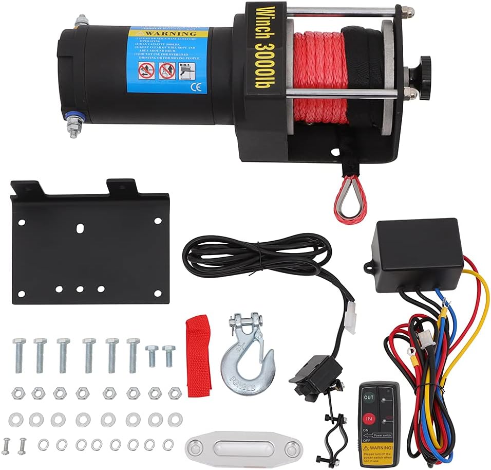 OCPTY 12V DC 3000LBS IP68 Waterproof Electric Winch for Towing ATV/UTV, Boat, Off Road, Wireless Remote and Corded Control Recovery, Portable Synthetic Rope Electric Winch with Hawse Fairlead, black
