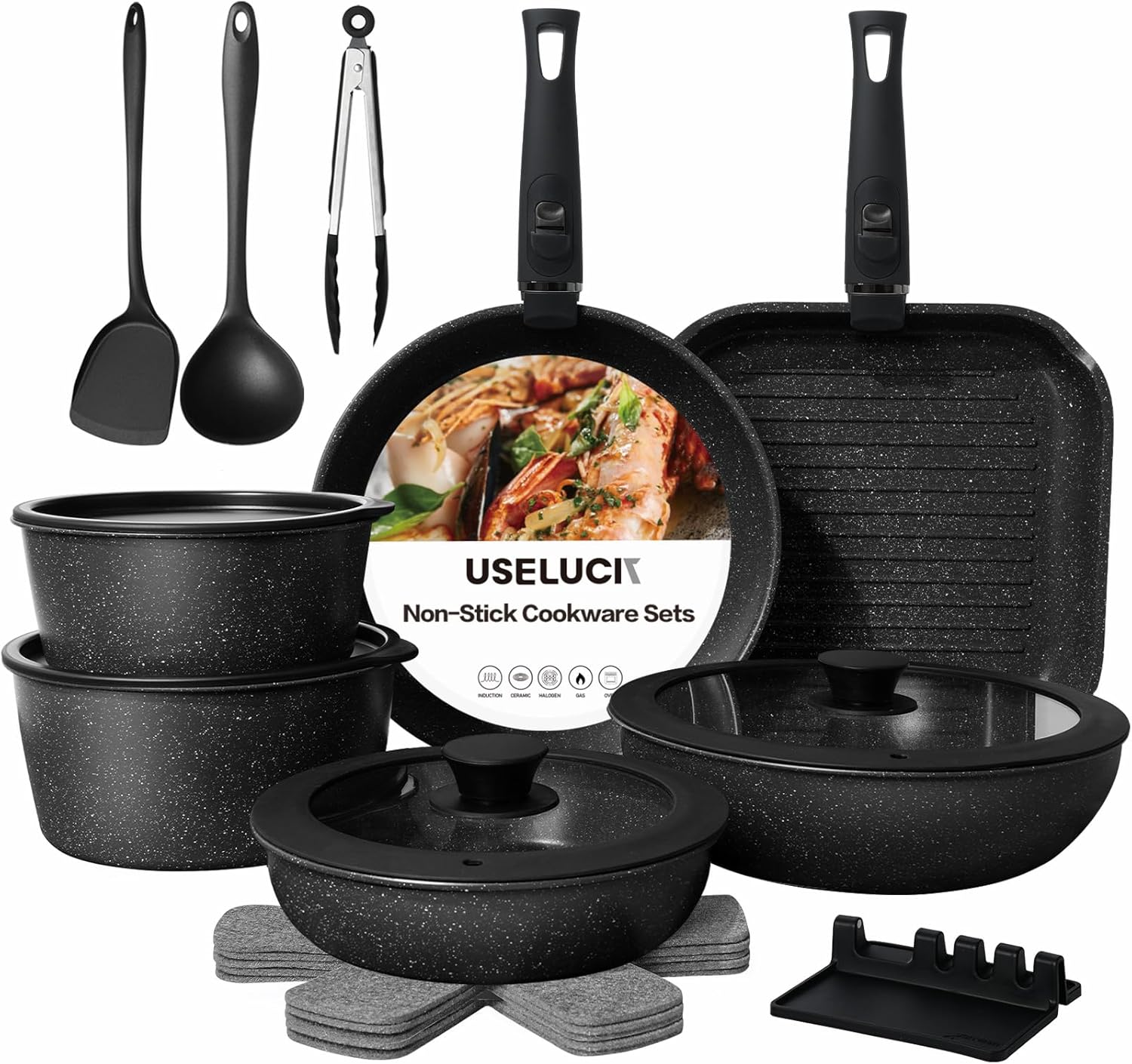 21 Pcs Pots and Pans Set Non Stick, Stackable Cookware Sets with Detachable Handle, Granite Induction RV Kitchen Portable Cooking Set Removable Handles, Dishwasher ＆ Oven Safe, Black