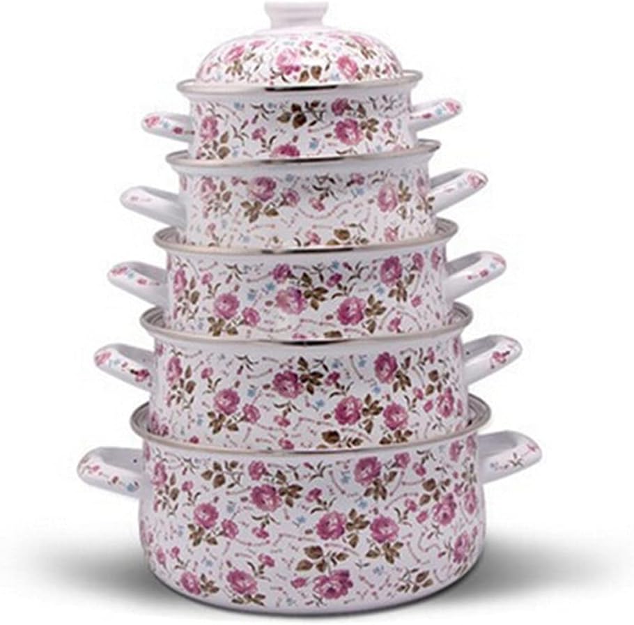 Household Enamel Floral Five-piece Soup Pot Rose Flower Blessing with Lid Earmuffs Hand-painted Universal