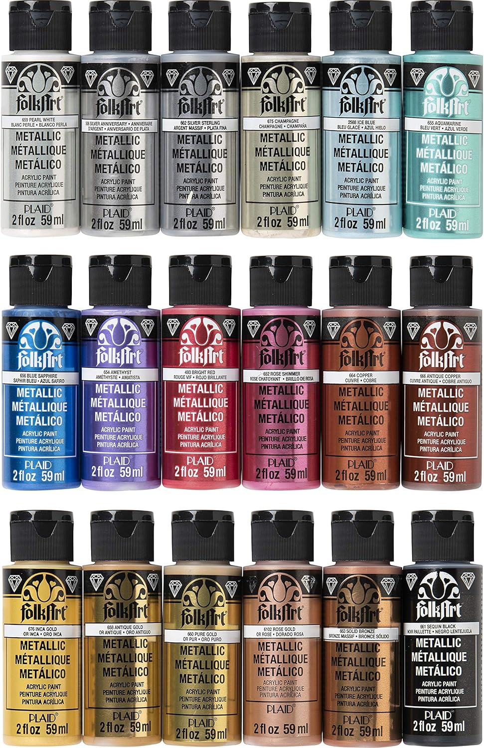 Folkart Color Acrylic Paint Set, 2 oz, 18 Metallics