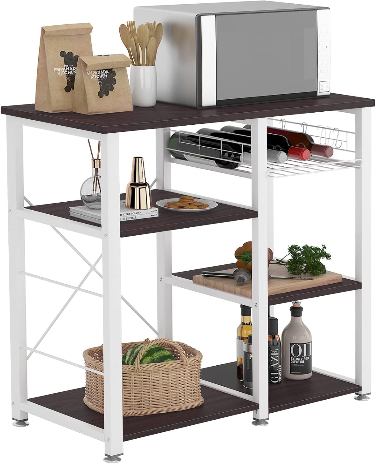 SogesHome Kitchen Baker's Rack with Power Outlet Microwave Oven Stand Workstation with 4-Tier Storage Shelf,5 Hooks Kitchen Utility Storage Shelf Coffee Bar Cart (Black-USB)