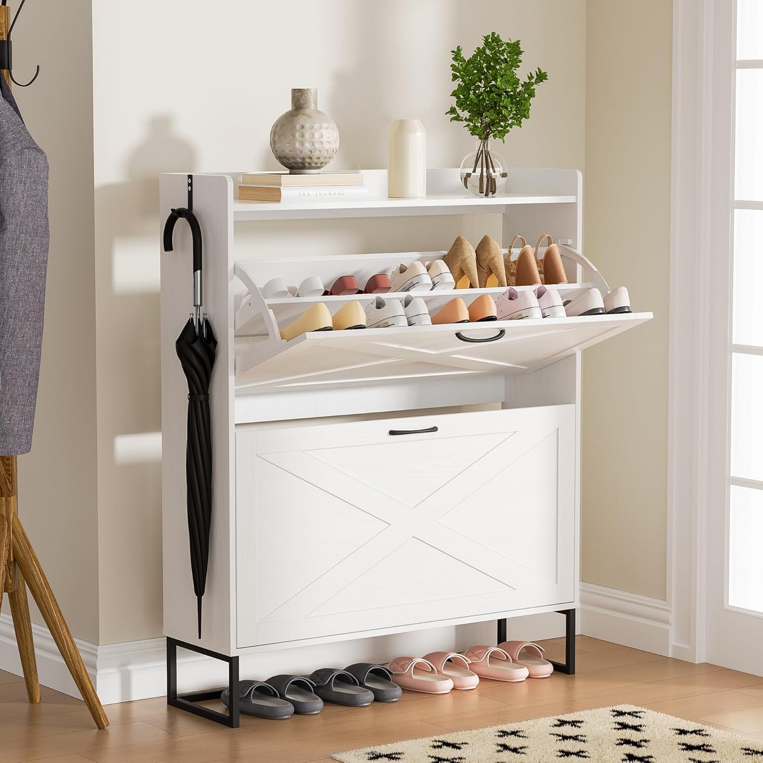 Shoe Cabinet with 2 Flip Drawers, Freestanding Shoe Organizer with Removable Hooks, Narrow Shoe Rack Cabinet for Entryway, Hallway, Living Room, White