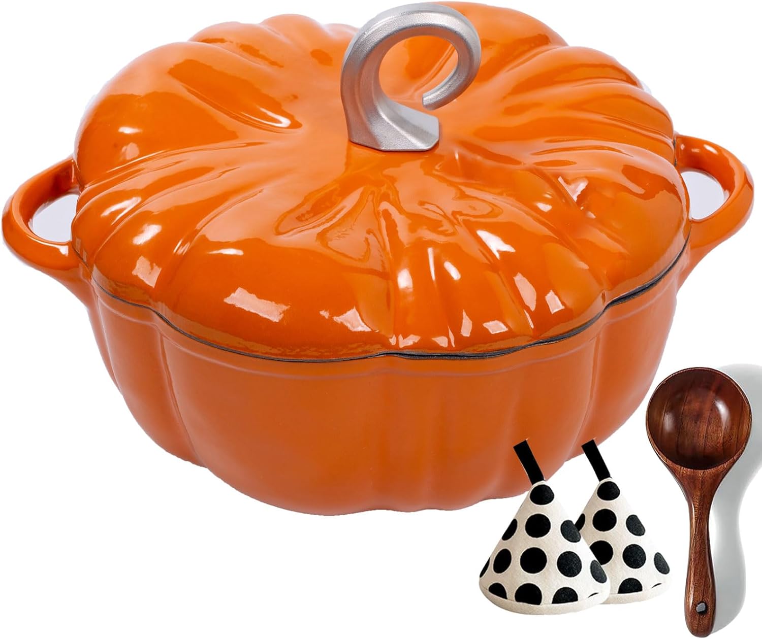 3.9-Quart Cast Iron Dutch Oven with Lid, Dual Handle – Solid Wooden Spoon – Cotton Pan Liner, Oven Safe up to 500° F or on Stovetop – Heavy-Duty Cookware, Great for Stews, Casseroles, Halloween Thanksgiving Decorative Gift, Orange