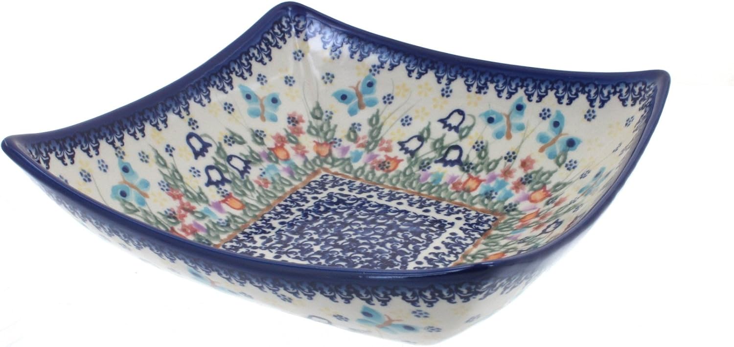 Vena Blue Rose Polish Pottery - Blue Garden of Eden Square Serving Dish - 8