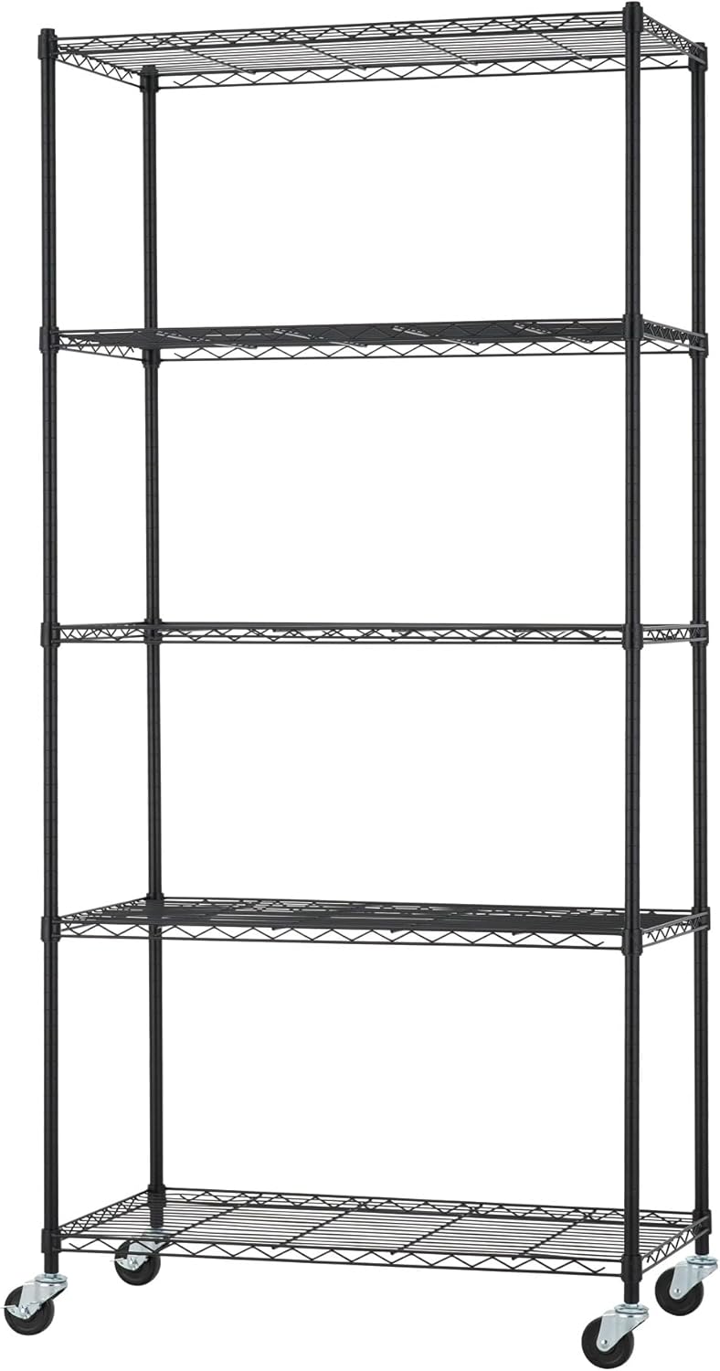 5-Tier Adjustable Wire Shelving with Wheels, Wire Shelf Rack for Kitchen Organization, Garage Storage, 400 to 2000 Pound Capacity, NSF Certified, 36” x 18” x 72”, Black