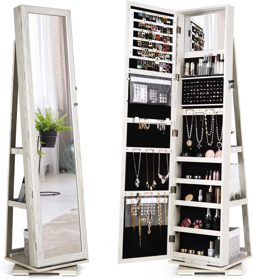 Jewelry Organizer Jewelry Cabinet 360 Rotating, Lockable Standing Wall Jewelry Armoire w/Full Length Mirror, Standing Jewelry Armoire Cabinet w/Large Storage Capacity (White)