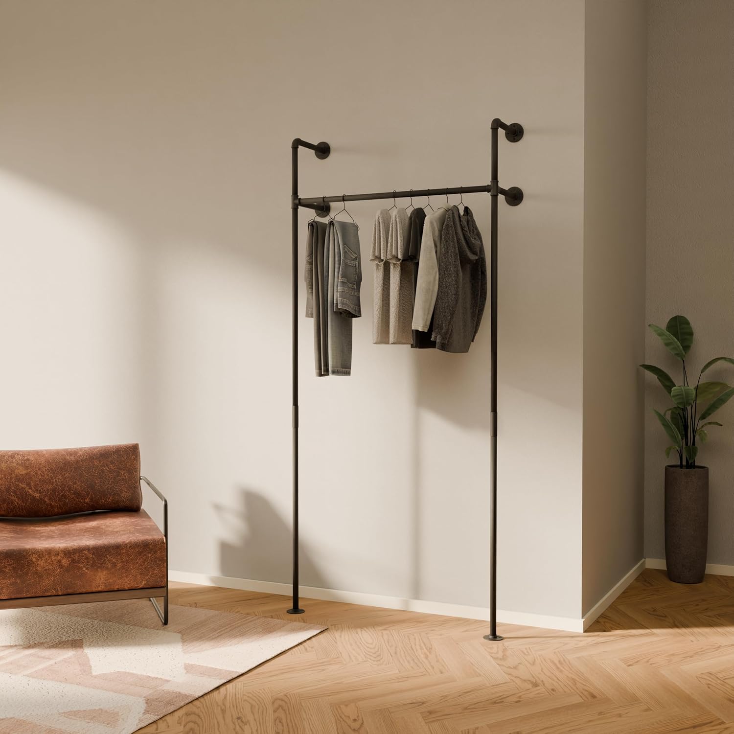 pamo Industrial Pipe Clothing Rack - 260 lbs Capacity - Wall Mounted Clothes Rack and Walk In Closet for Wardrobe