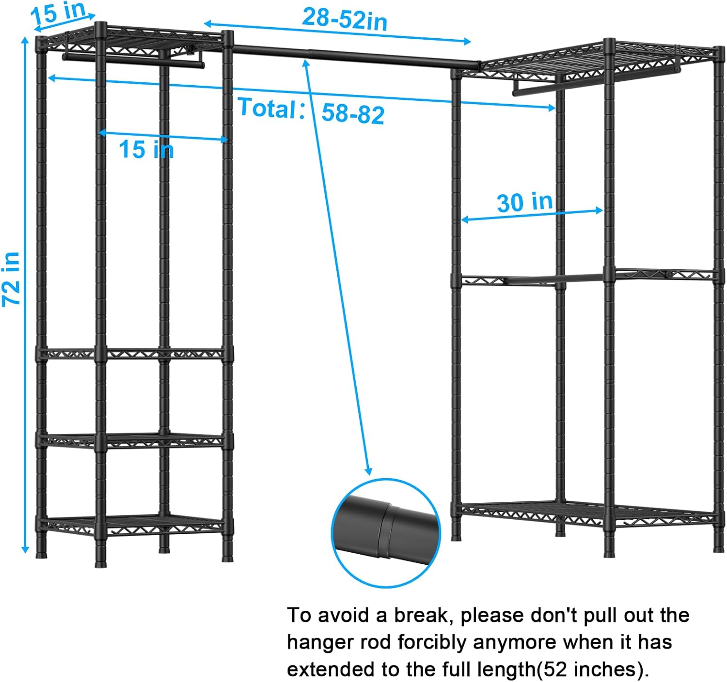 E10L L-Shaped Clothes Rack for Corner（With Expandable Hanger Rod）Heavy Duty Freestanding Clothing Racks for Hanging Clothes，Portable Garment Rack 58-82