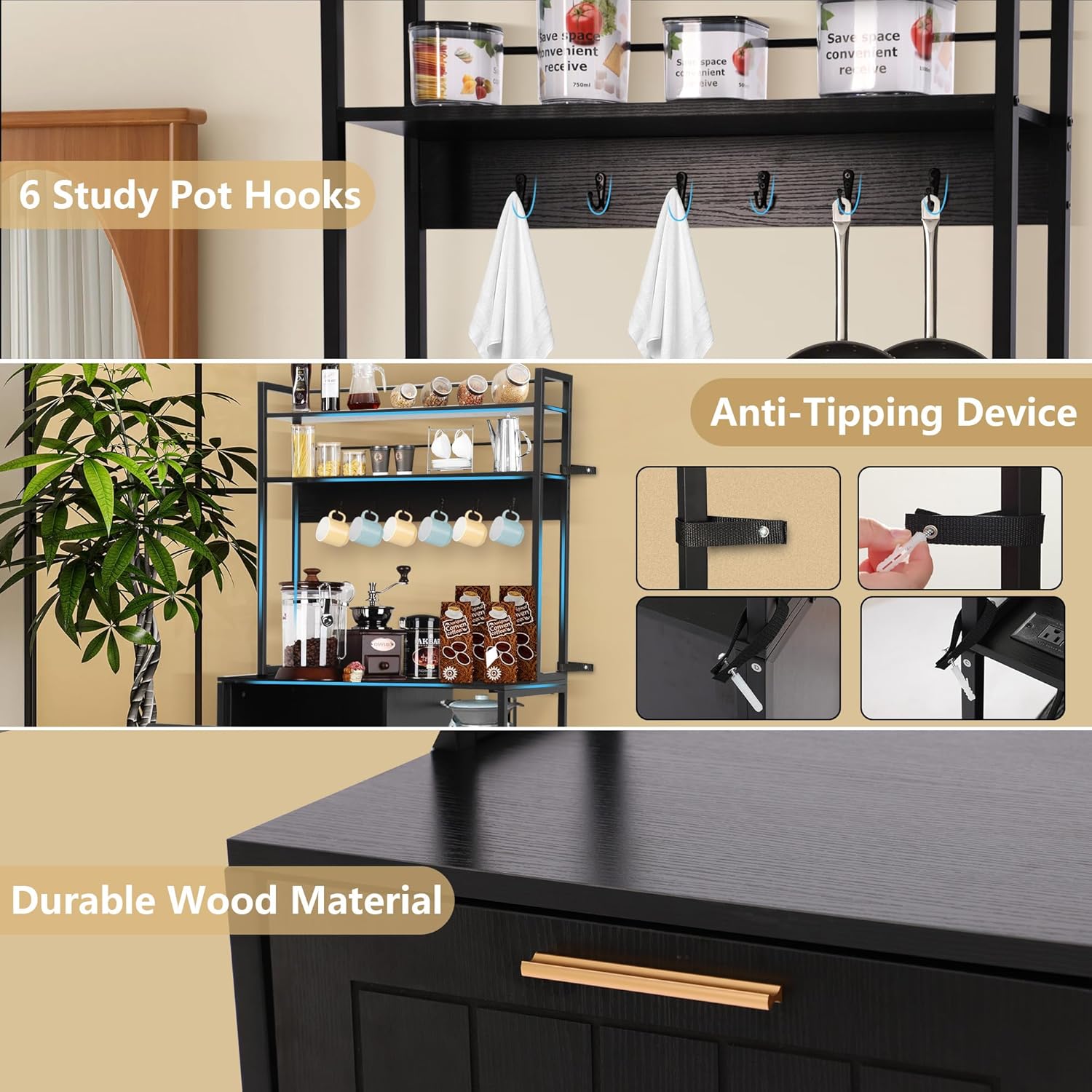 Kitchen Bakers Rack with Storage Shelf - 6-Tier Microwave Stand Oven Cabinet W/Tilting Trash Can Bin and Power Outlet, Farmhouse Thickened Coffee Bar Table Station W/6 Hooks&Adjustable feet