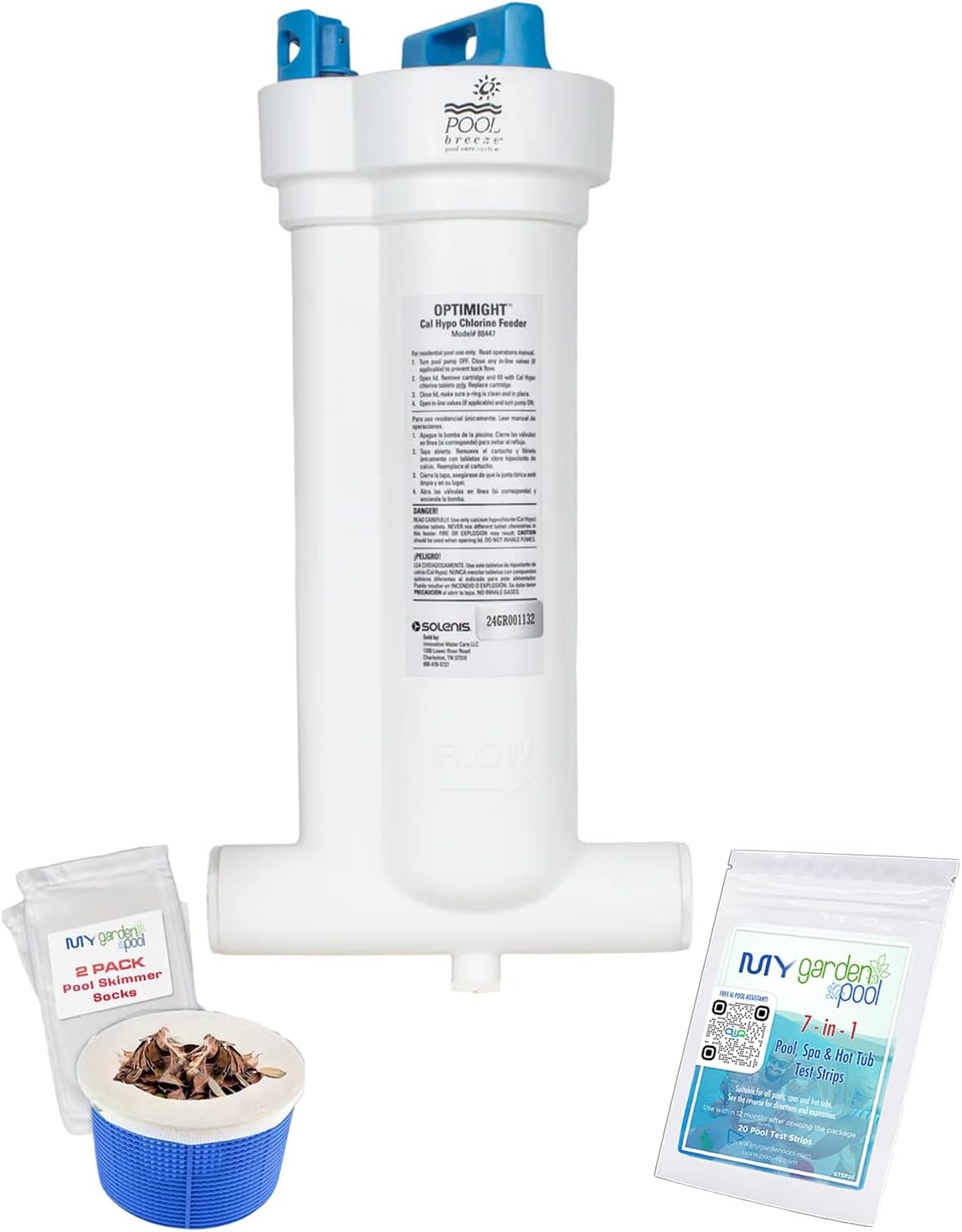 Pool Breeze Optimight Cal Hypo Feeder 88447 – Automatic Pool Feeder System – with My Garden Pool 7 in 1 Test Strips & Scum Socks