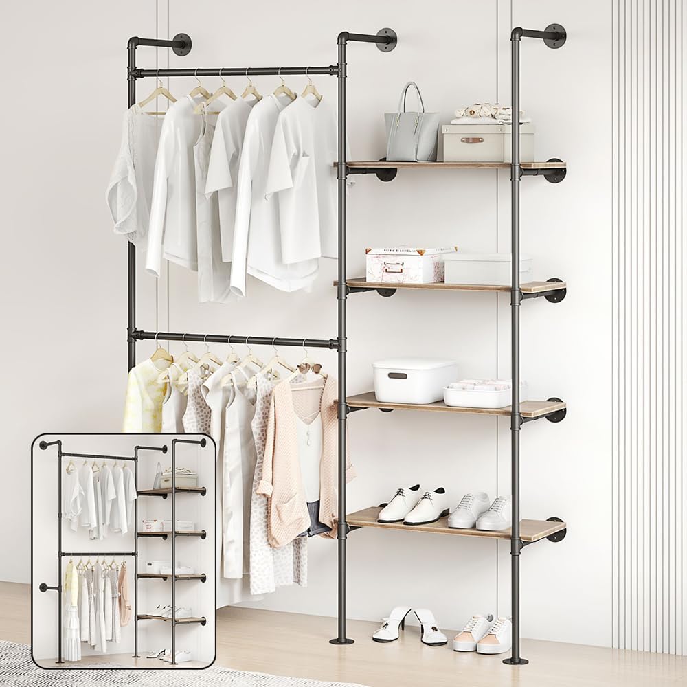 Industrial Pipe Clothing Rack, Hanging Rods Clothes Rack with Shelves, Clothes Rack for Wardrobe, Corner Closet System for Walk in Closets (Black, II-4Tier)