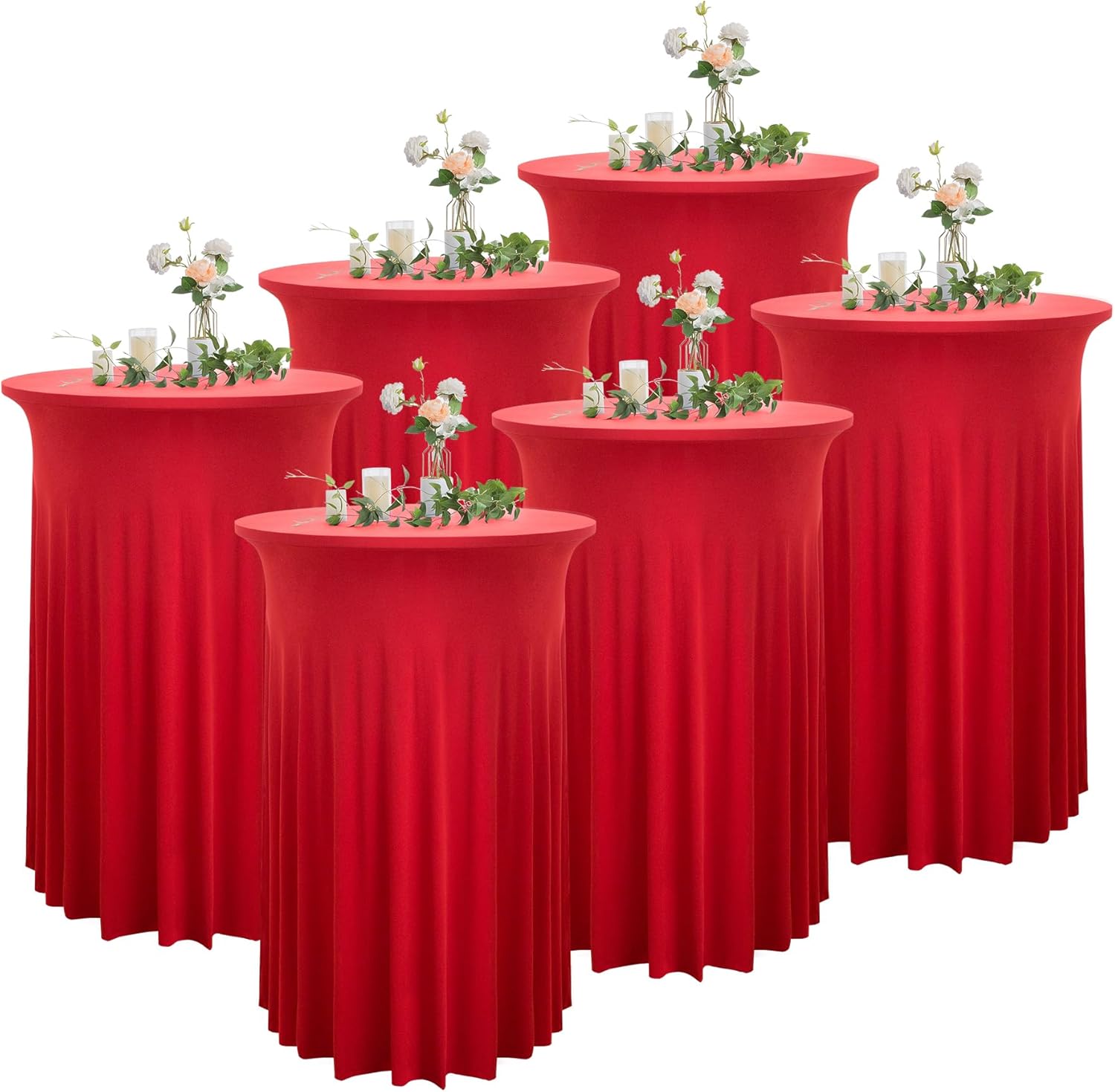 6 Pack Red Round High Top Table Cloth 3243 Inch, Wrinkle Free Stretch Spandex Highboy Tablecloths With Skirt for Cocktail Party Banquet Birthday Bar
