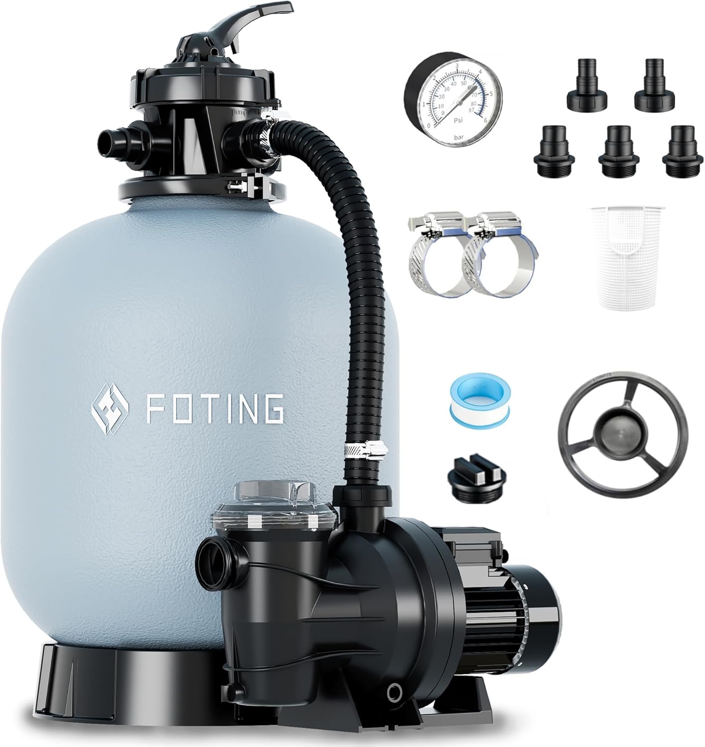FOTING 18in Sand Filter 1 HP 5000GPH fPump for Above Ground Pool with Timer Up to 20000GAL, 6-Way Valve, Enhanced Circulation for Crystal-Clear Pool