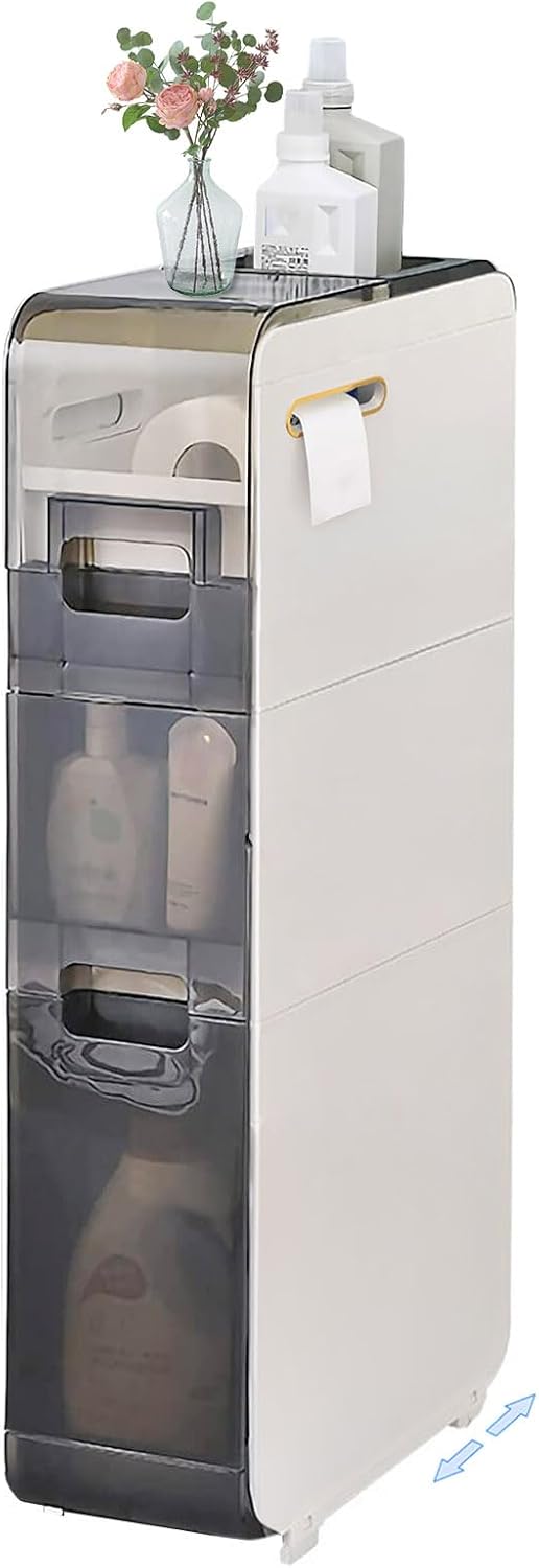 3-Tiers Bathroom Organizers and Storage Floor Cabinet 6.69″ Narrow Slim Towel Side Corner Unit with Clear Drawers and Casters for Tiny Kitchen Laundry Living Room Gap