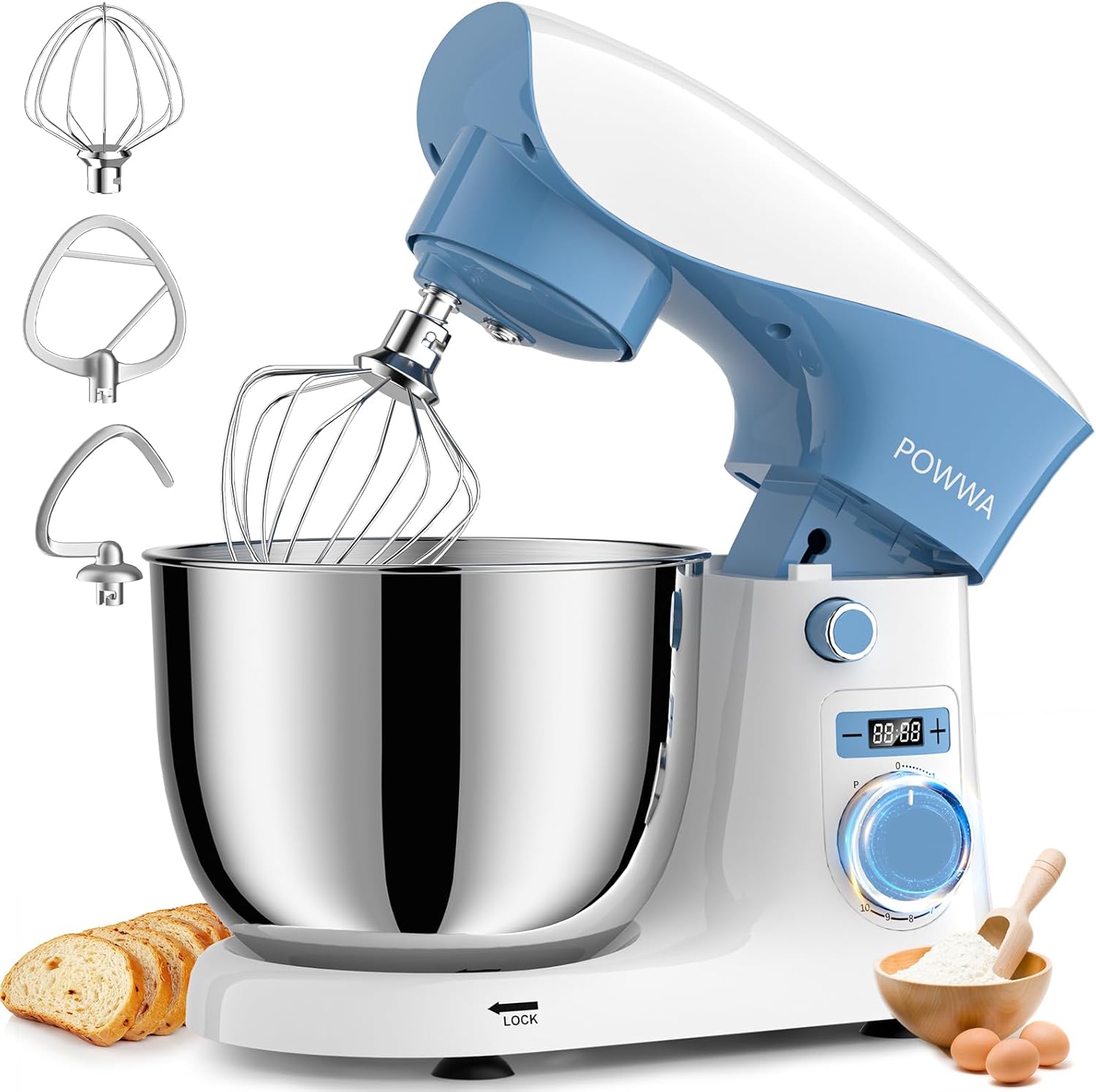 Stand Mixer, POWWA 6.5 QT 10 Speeds Tilt-Head Electric Stand Mixer, 3-In-1 Kitchen Mixer with Bowl, Dough Hook, Whisk and Beater, Food Mixer for Baking and Daily Use (White Blue)