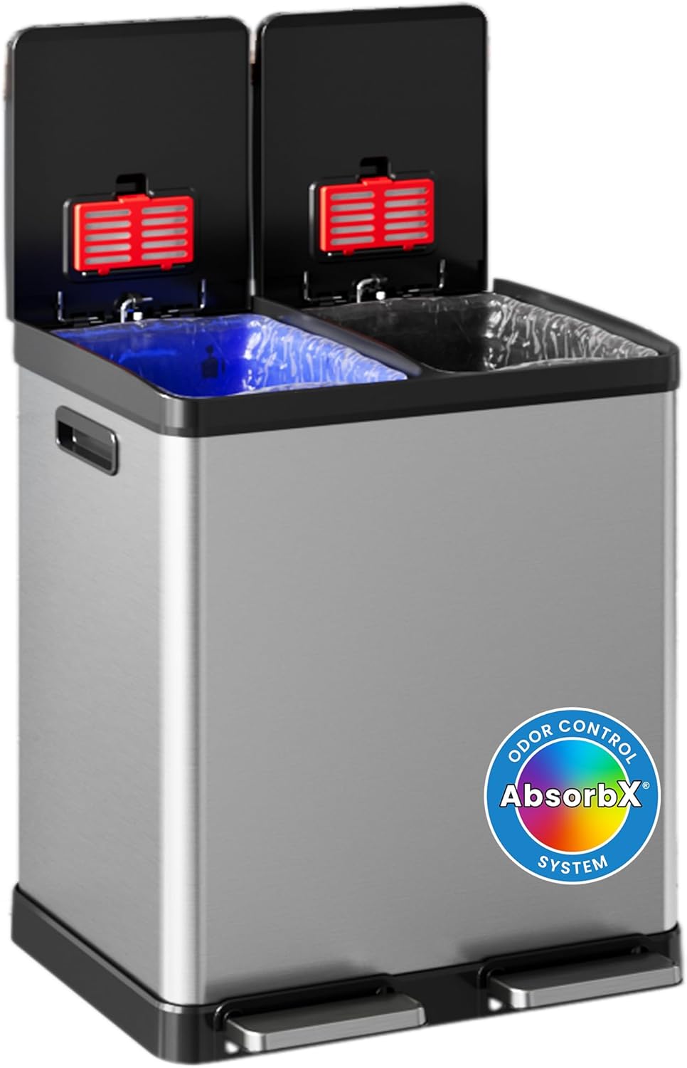 iTouchless 60 Liter / 16 Gallon Dual Compartment Kitchen Trash Can & Recycling Bin, Odor Filter, Soft-Close, Hands-Free Step Pedals, 2x 8-Gal Color-Coded Buckets, Smudge-Resistant Stainless Steel