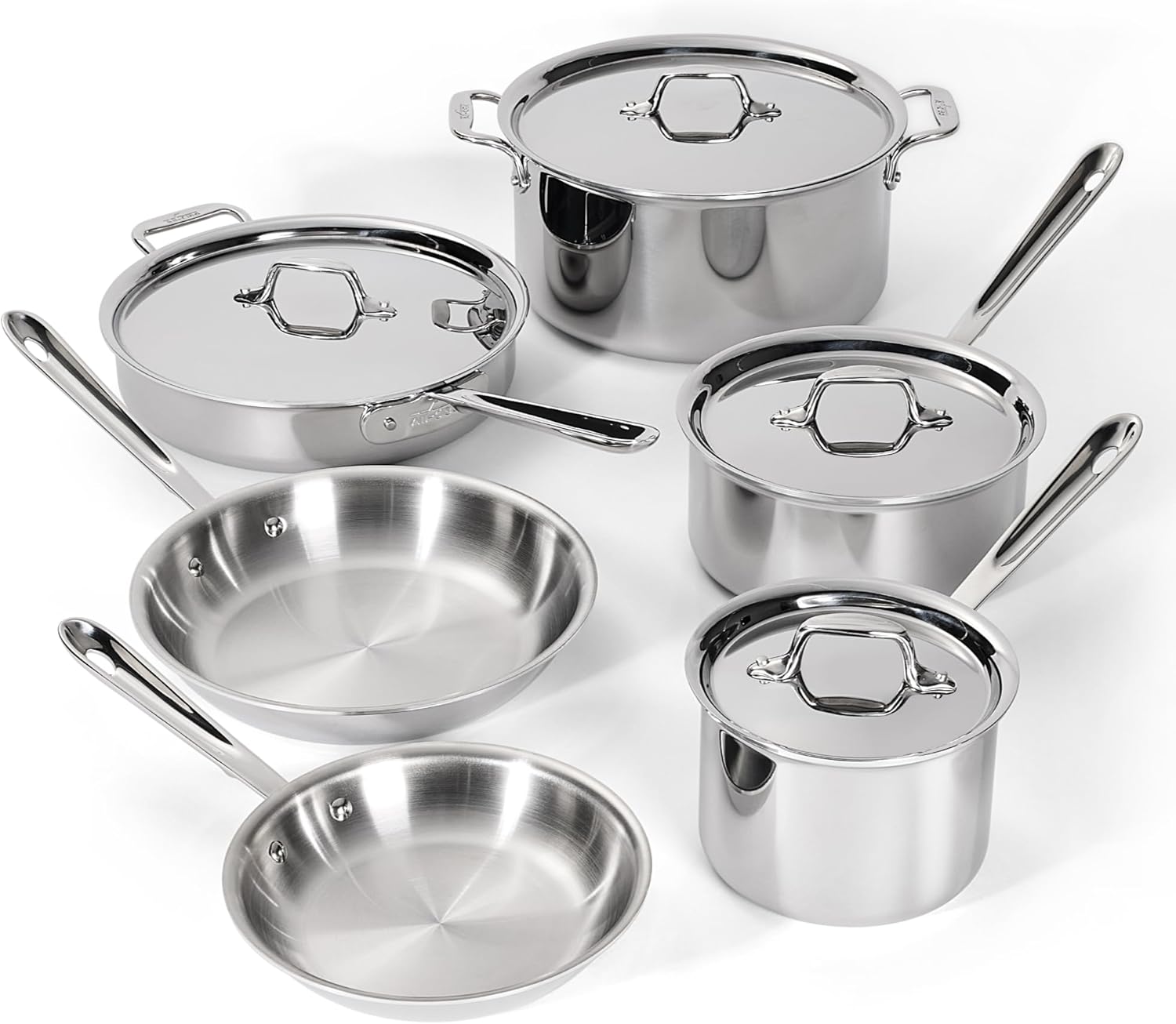 All-Clad D3 Stainless Steel Cookware Set - 10-Piece Pots and Pans Set, Induction, Oven Broiler Safe 600F - Includes Frying Pans, Saucepan, Sauté-Pan, Stockpot, Professional Cookware - Stainless Steel