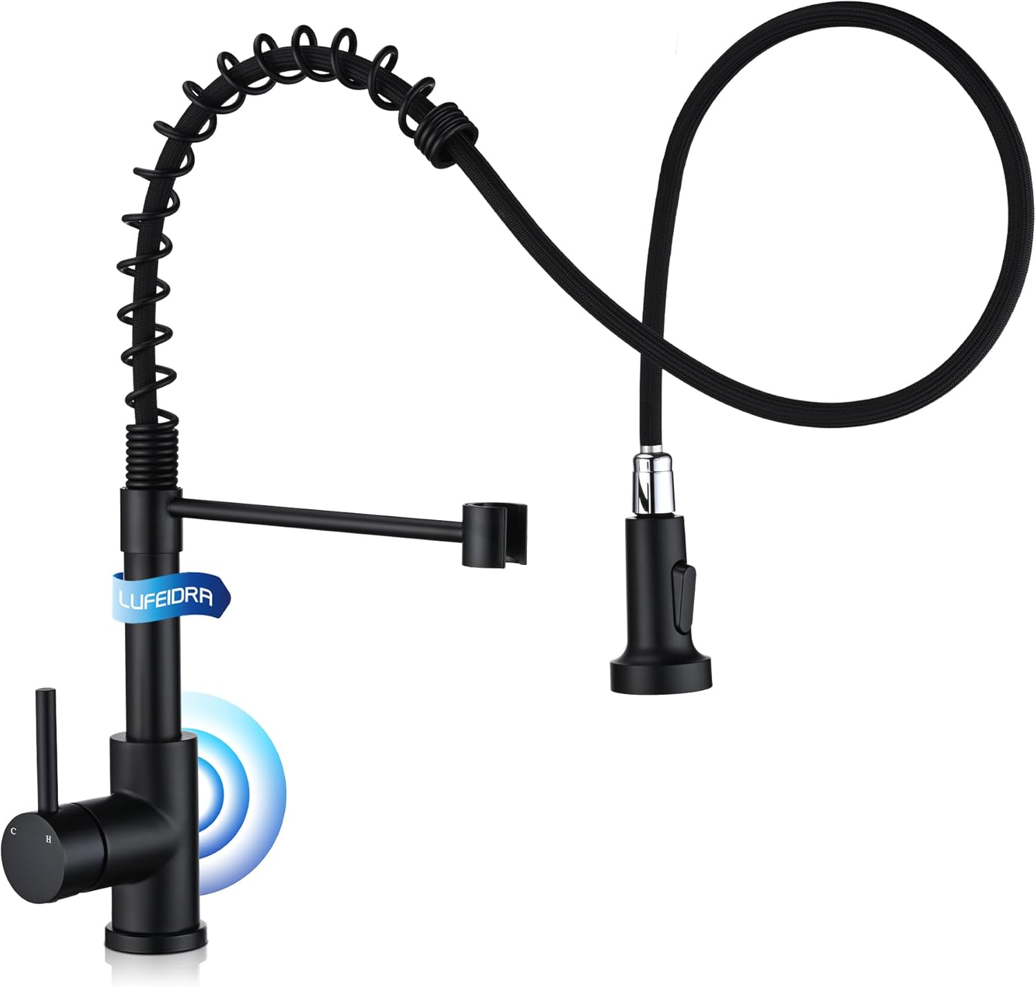 LUFEIDRA Black Kitchen Faucet with Sprayer LED Light, High Arc Kitchen Faucets Single Hole 304 Stainless Steel Kitchen Sink Faucet for Bar Sink Rv, Matte Black