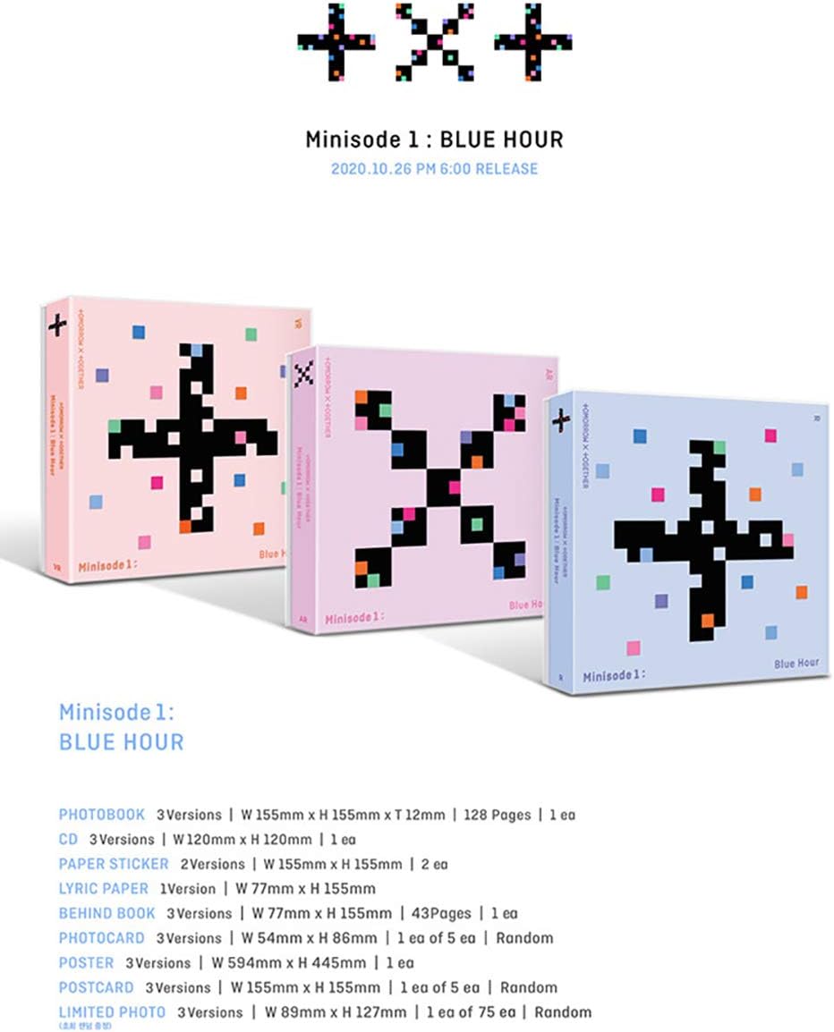 TXT Album : Blue Hour (Minisode1) - 3 Versions Set (R+AR+VR) - CDs+Photobooks+Stickers+Lyric Papers+Behind Books+Photocards+Postcards+(Extra 4 Photocards)