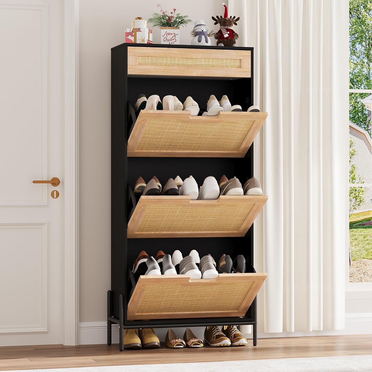 GarveeHome Natural Rattan Storage Cabinet with 3 Flip Doors and 1 Drawer, Entry Way Shoe Storage Cabinet with Adjustable Shelf, Freestanding Entrance Shoe Cabinet for Entryway, Hallway, Black and Oak