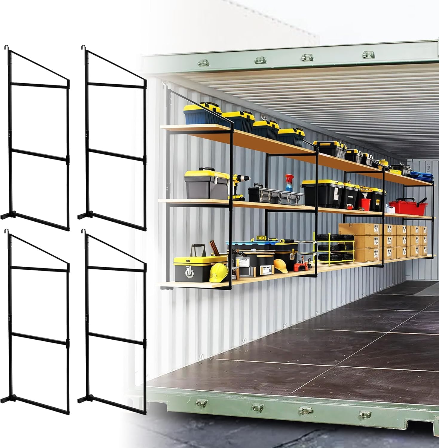 4 Pack Shipping Container Shelving Shelf Capacity up to 1100 lbs, 3 Tiers Shipping Container Hanging Bracket Shelf Rack Shipping Container Accessories for Cargo Storage