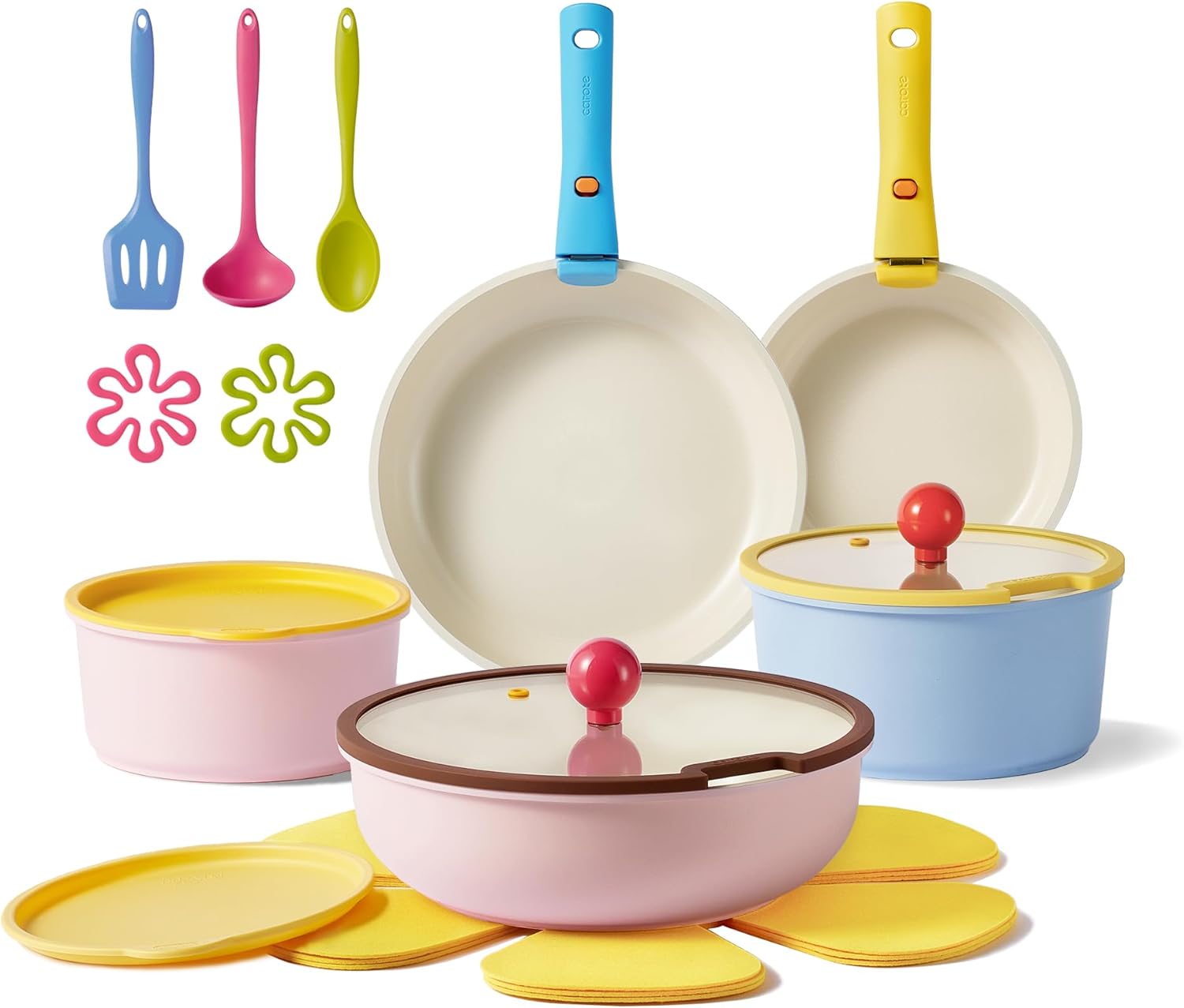 CAROTE 20pcs Ceramic Cookware Set Detachable Handle,Pots and Pans Set Nonstick,Induction Kitchen Cookware with Removable Handle,RV Dishwasher ＆ Oven Safe, PFOA Free