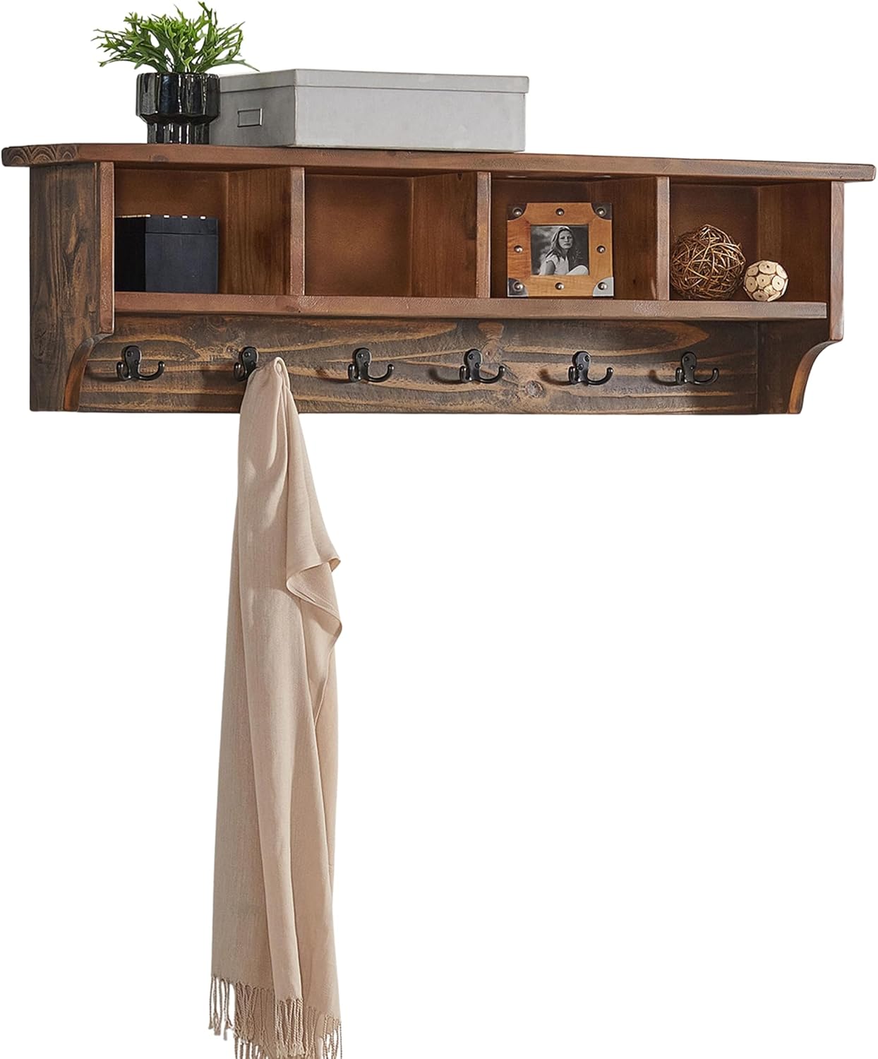 Pomona 48-Inch Wall-Mounted Coat Rack – Solid Wood & Metal Modern Entryway Organizer with 6 Heavy-Duty Hooks and 4 Open Cubbies for Mudroom, Hallway, Apartment, or Office Storage by Alaterre Furniture