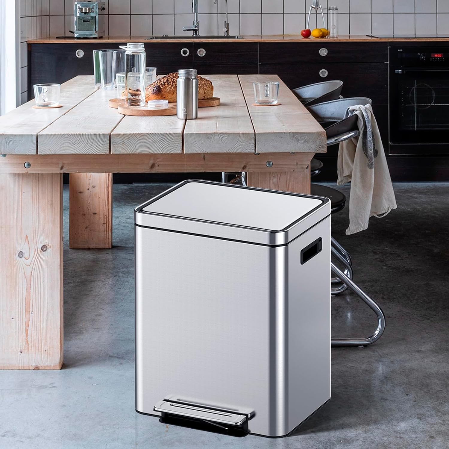 40L/10.6 Gallon Dual Trash Can - Stainless Steel Garbage CanWith Double Inner Bucket & Step Foot Pedal, Easy to Clean for Kitchen, Home, Office