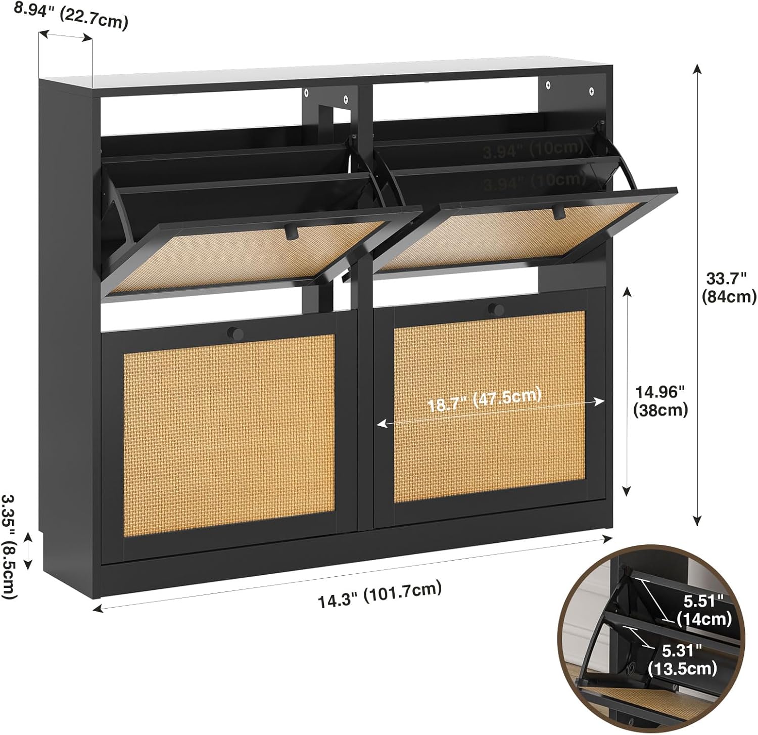 Rattan Shoe Cabinet Storage with 4 Flip Drawers, Slim Shoe Organizer with Adjustable Shelf, Freestanding Hidden Shoe Cabinet for Entryway Hallway, Black