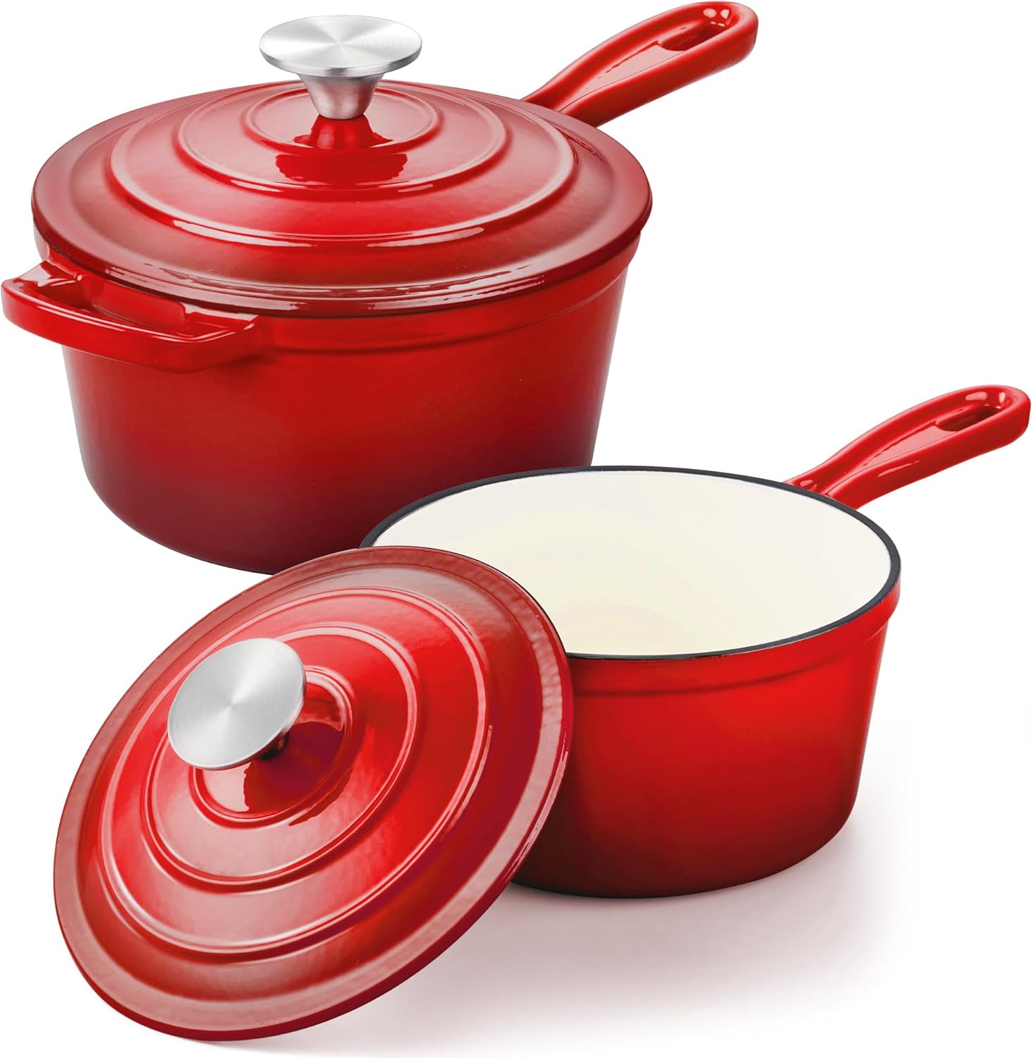 Enameled Cast Iron Sauce Pan, Leonyo 1 Qt & 2 Qt Saucepan Set, Cast Iron Dutch Oven Kitchen Small Pots for All Cooktops Cooking Pasta, Milk, Oatmeal - Up to 500°F & Nonstick, Red